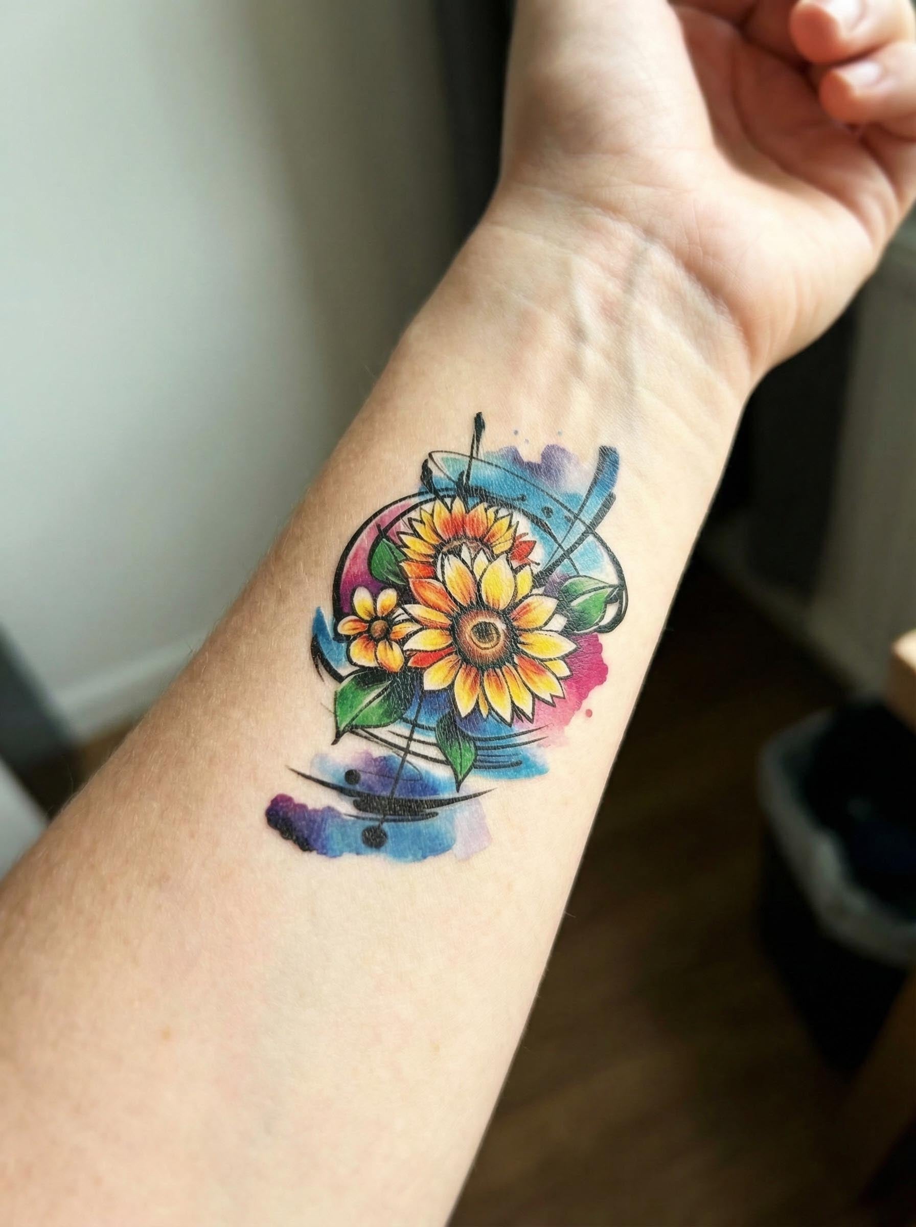 Watercolor Sunflower Forearm Tattoo Real Shot
