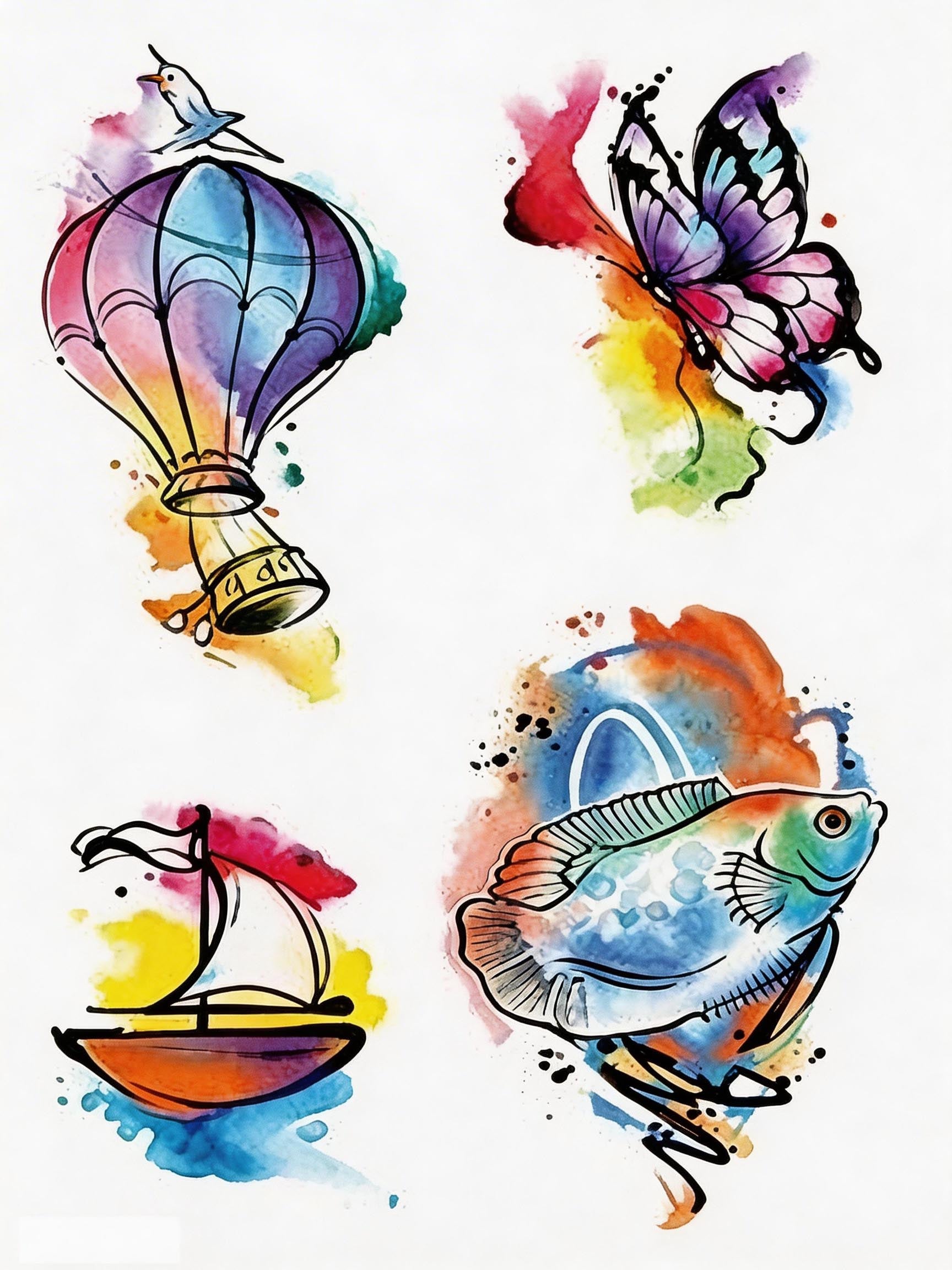 Watercolor temporary tattoo sheet with hot air balloon, butterfly, sailboat, and colorful fish artwork