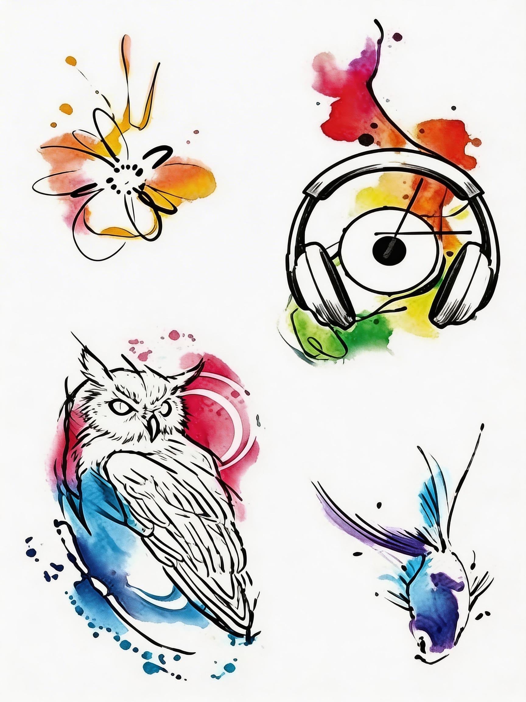 Colorful temporary tattoo sheet with watercolor owl, headphone eye, sketch flower, and tiny fish splash designs
