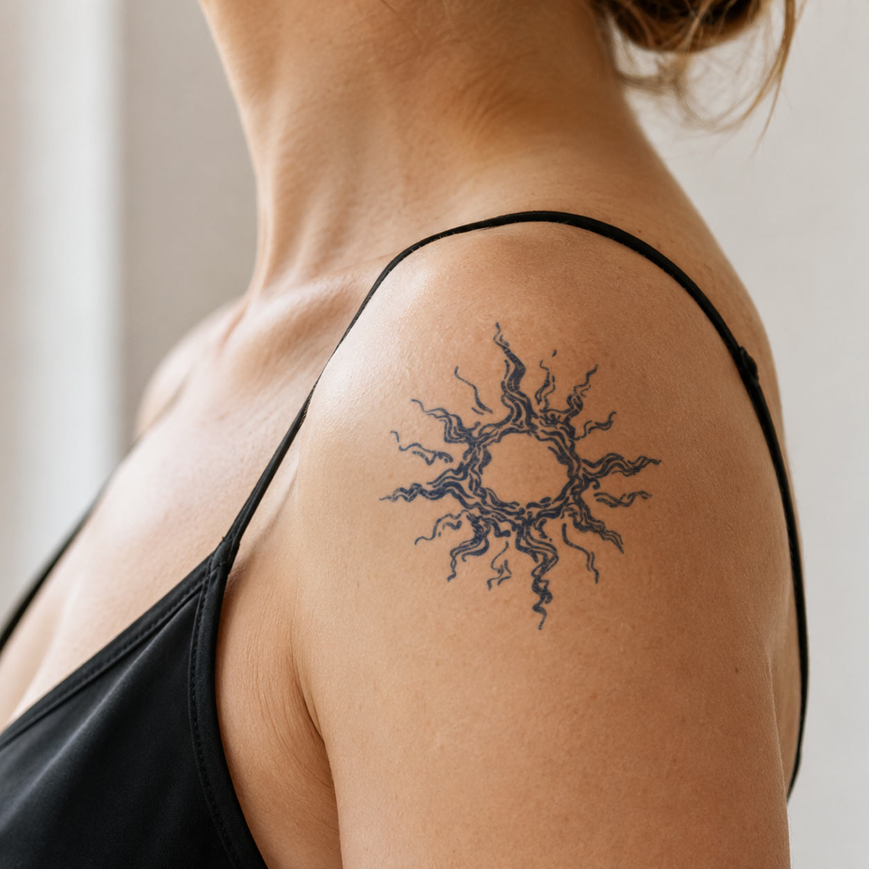 Minimal semi-permanent tattoo featuring a radiant sun with long wavy rays on the shoulder.
