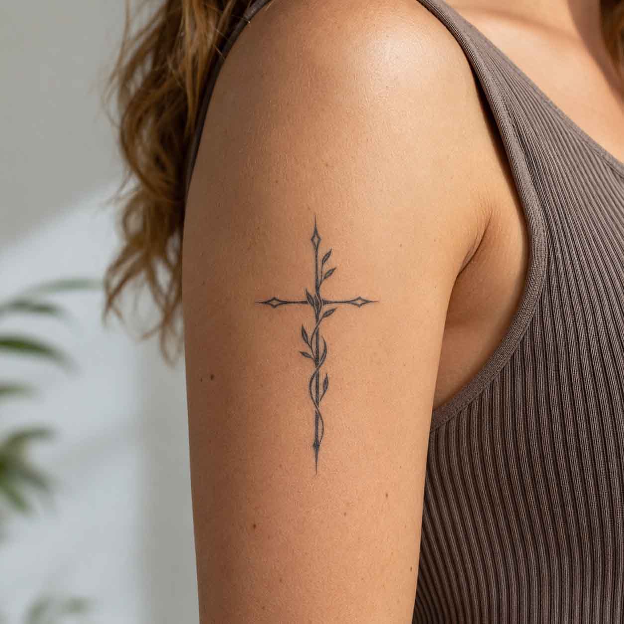 Wearing vine cross semi-permanent tattoo on upper arm