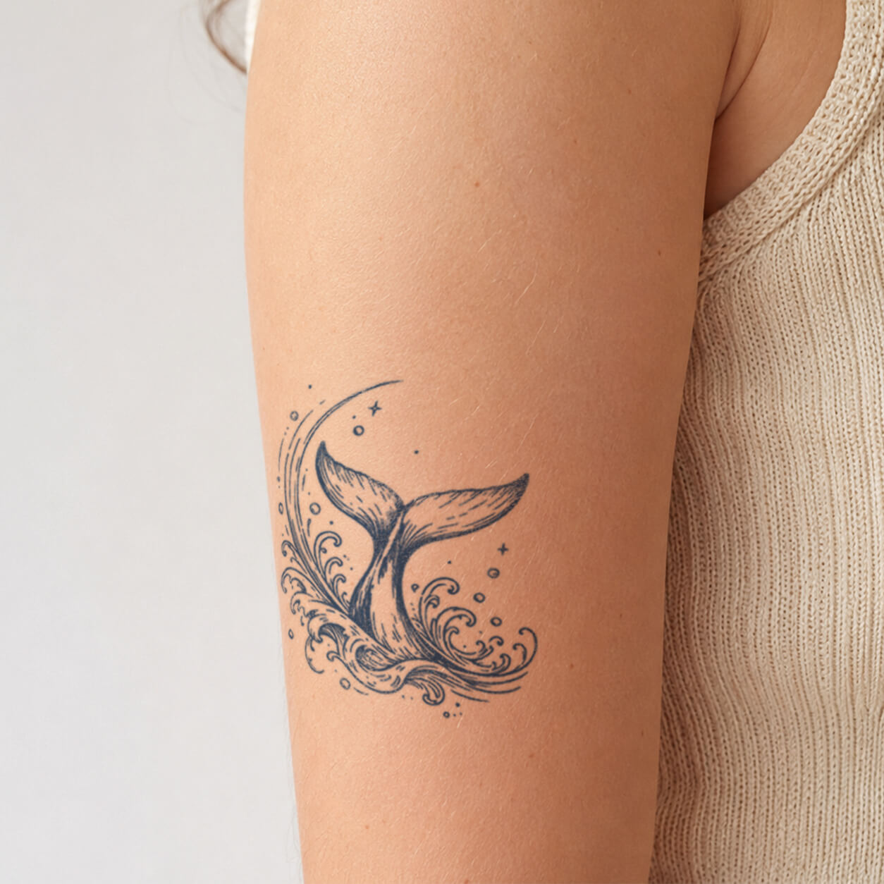 Close-up of a whale tail tattoo rising from stylized ocean waves with small stars and water details around the design. This nautical temporary tattoo features a fine line ocean theme inspired by marine life and coastal aesthetics.