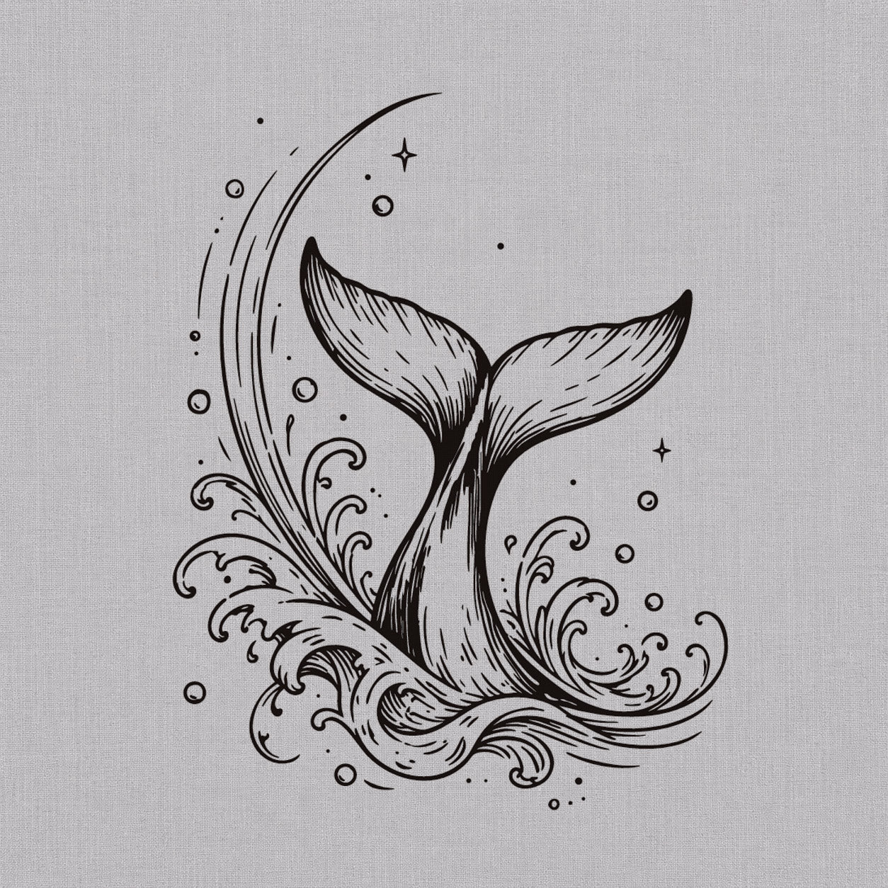 Fine line temporary tattoo design featuring a whale tail rising from ocean waves with bubbles and flowing water details.