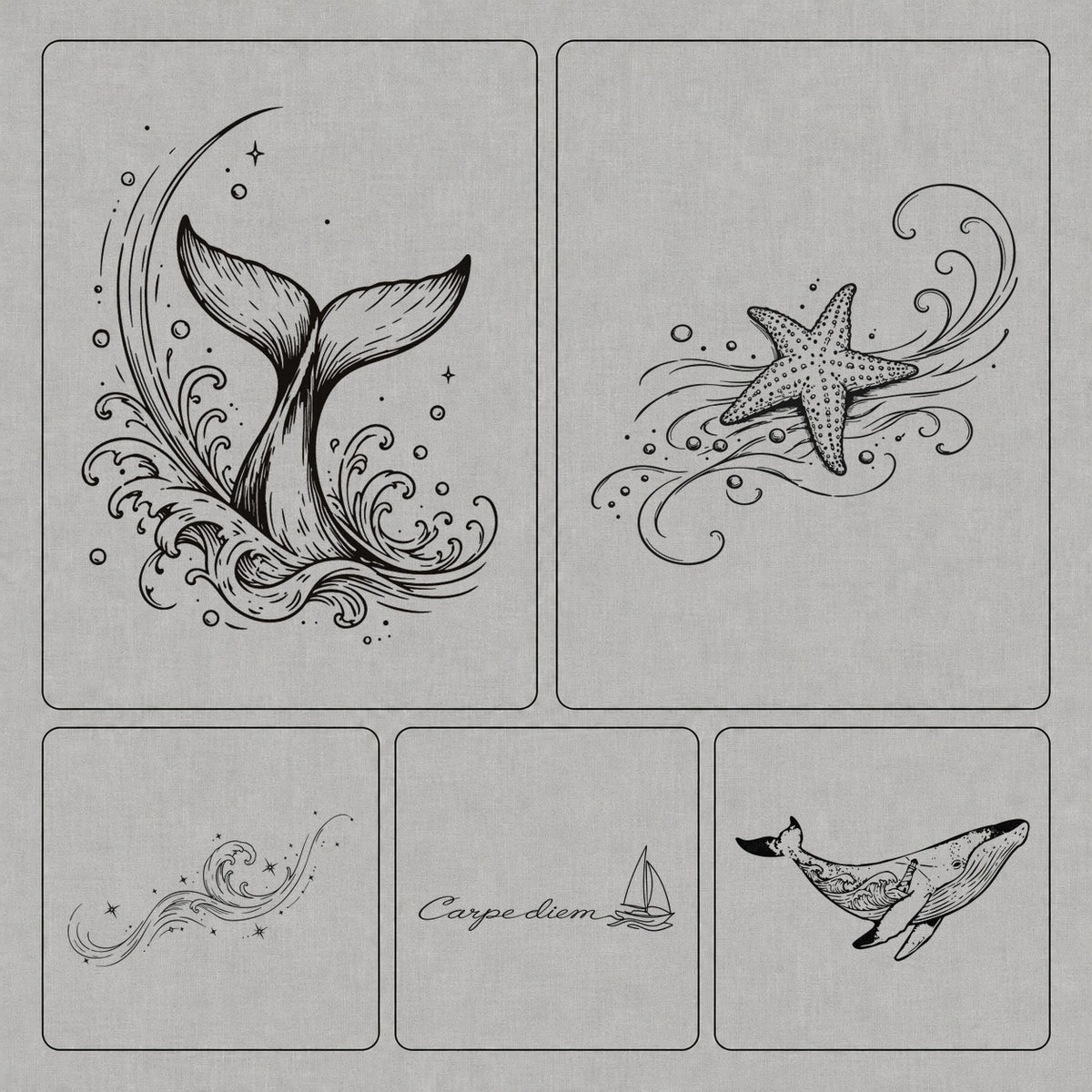 Whale temporary tattoo set featuring five ocean-inspired designs with a whale tail, starfish, wave, sailboat, and whale