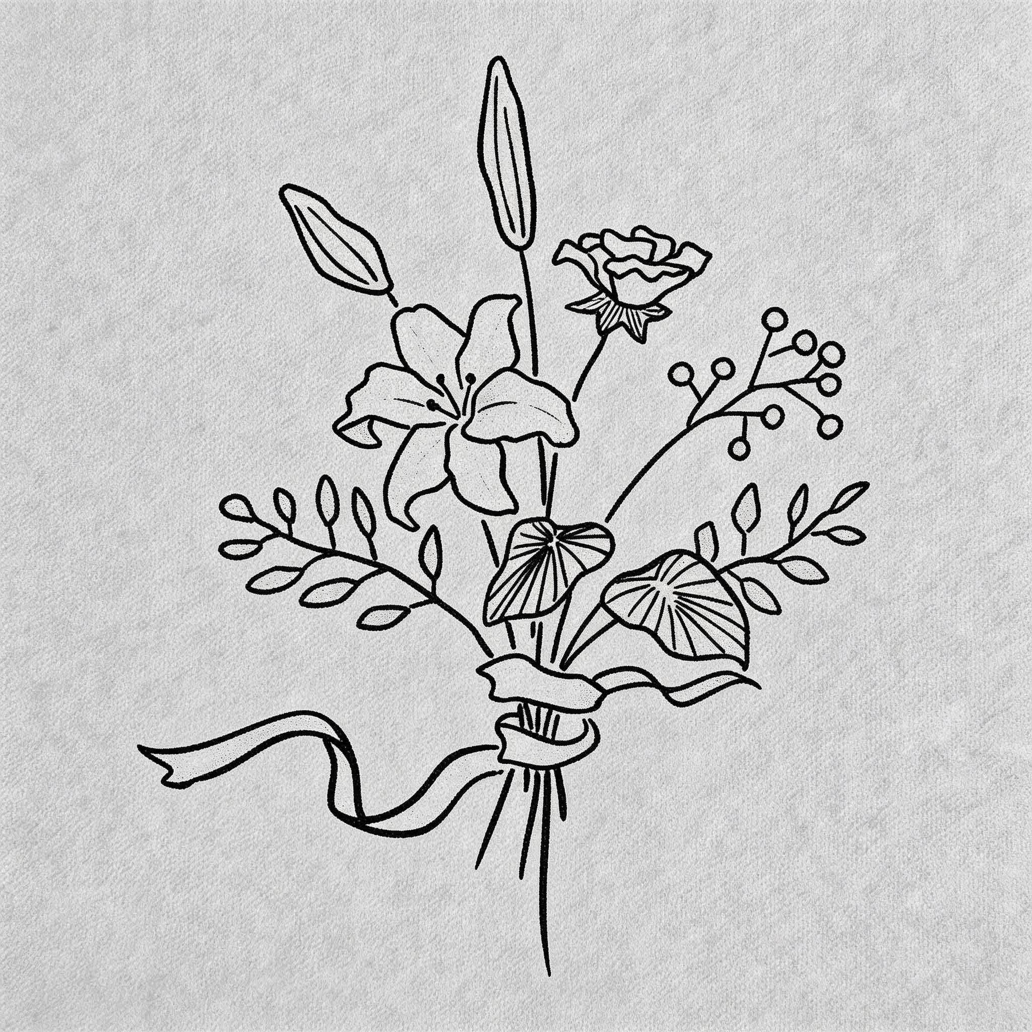 Minimalist wildflower bouquet temporary tattoo with lily flower and ribbon line art