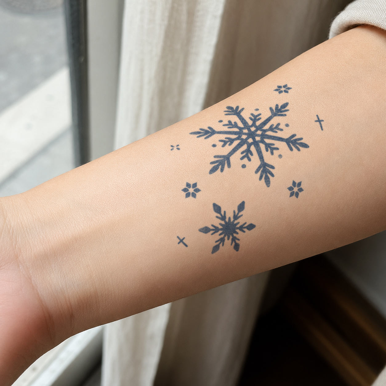 Temporary wrist tattoos featuring hand-drawn snowflakes with small geometric star accents.
