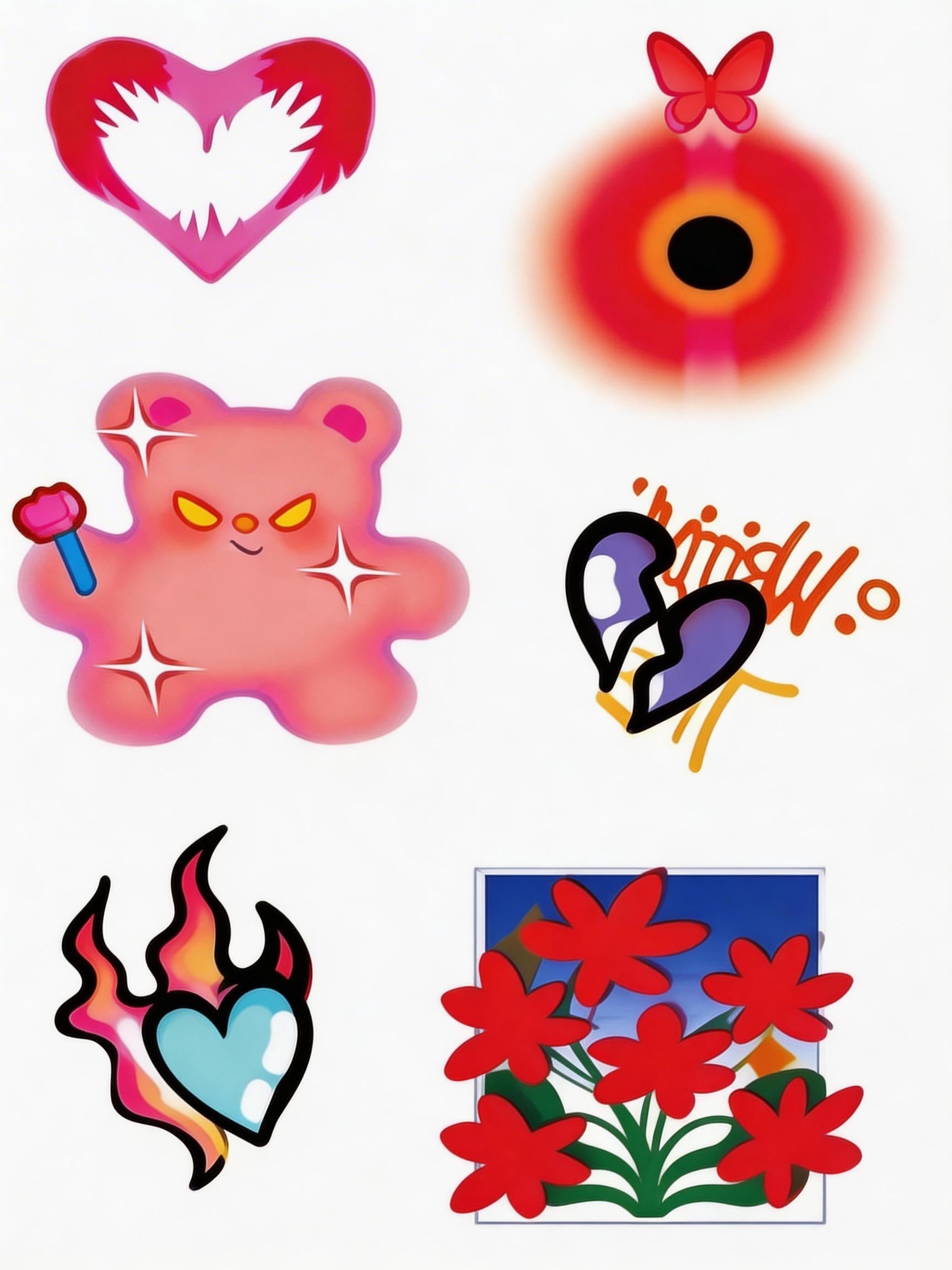 Colorful Y2K tattoo sheet with sparkly bear, flame heart, butterfly heart, and flower graphics for Y2K temporary tattoos