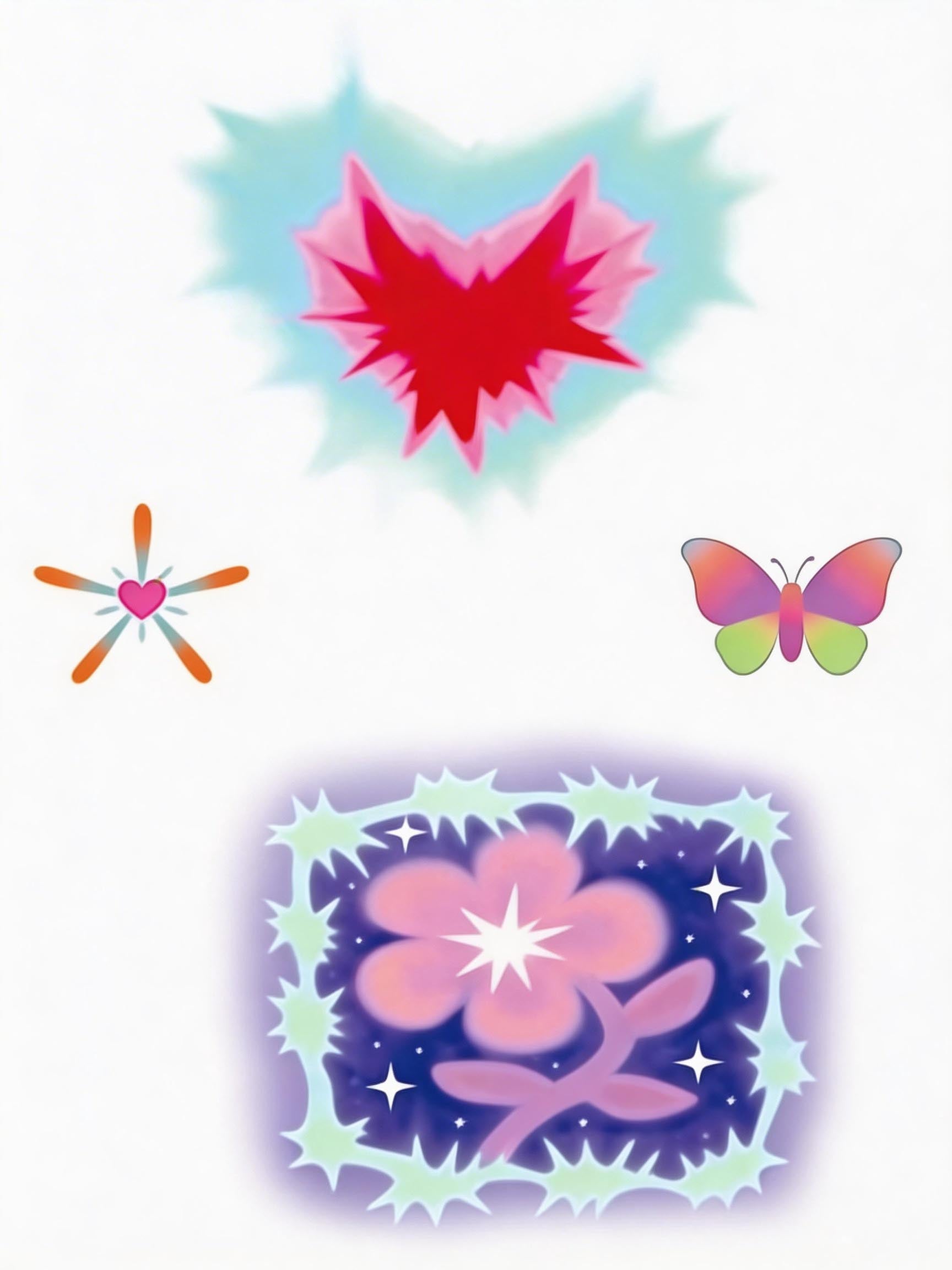 Pastel Y2K tattoo sheet with aura hearts, rainbow butterfly, cosmic flower, and glowing starburst graphics for Y2K temporary tattoos