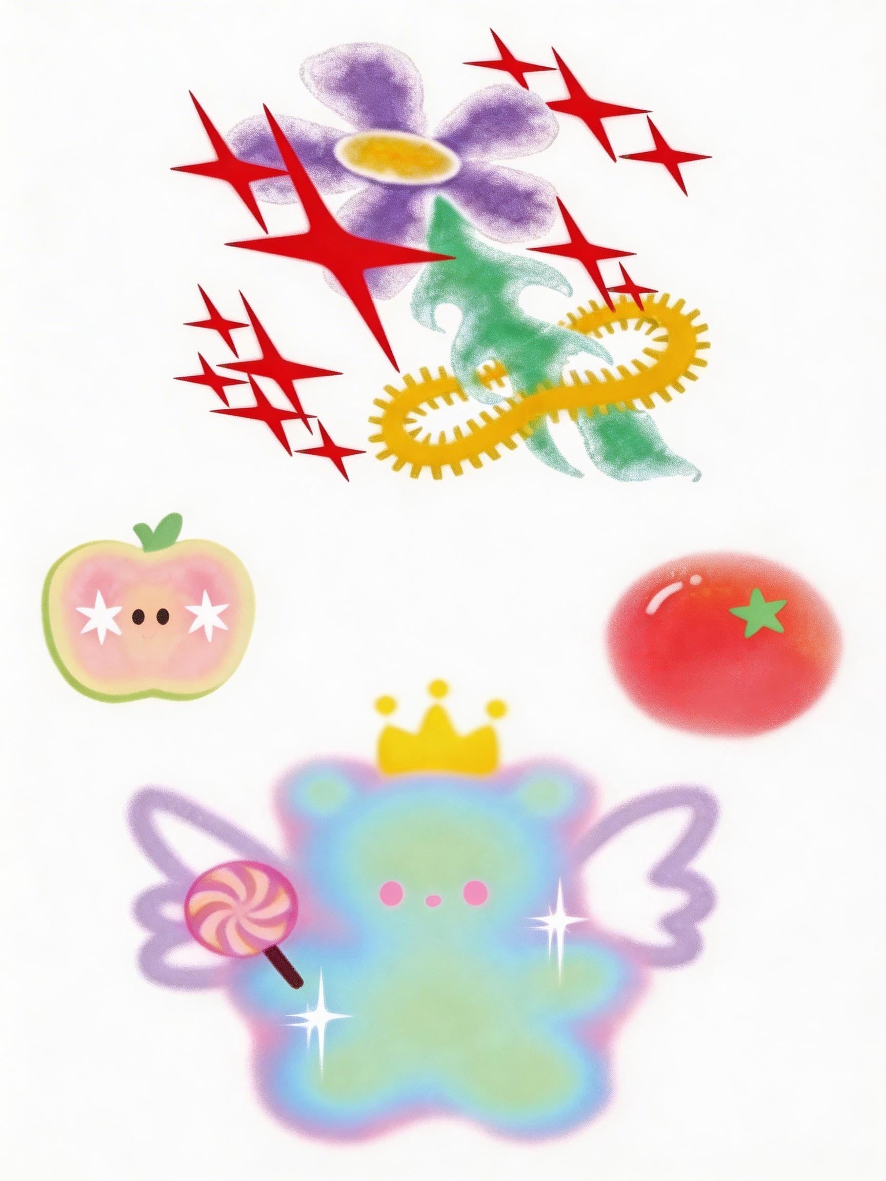 Y2K temporary tattoo sheet with cosmic bear, apple face, tomato, flower, flame, and rainbow airbrush designs