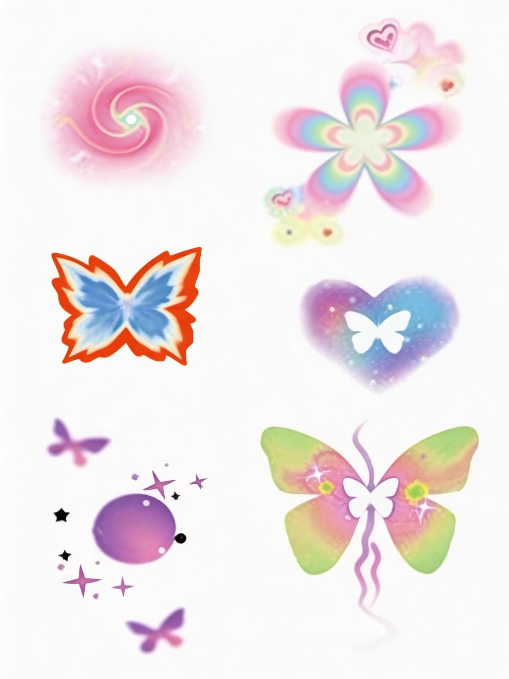 Pastel butterfly temporary tattoo sheet with rainbow flower, galaxy heart, purple planet, and dreamy swirl designs for butterfly temporary tattoos
