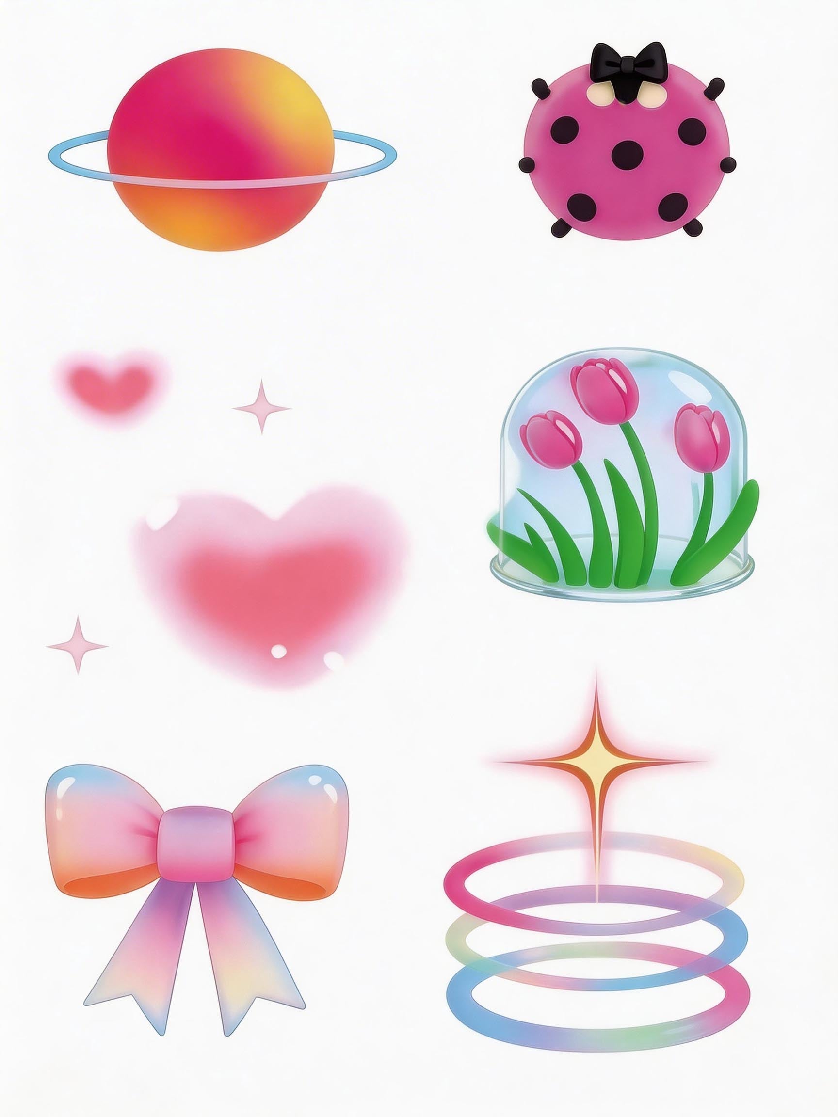 Pastel Y2K tattoo sheet with gradient planet, rainbow bow, tulip dome, pink heart, and halo ring designs for Y2K temporary tattoos
