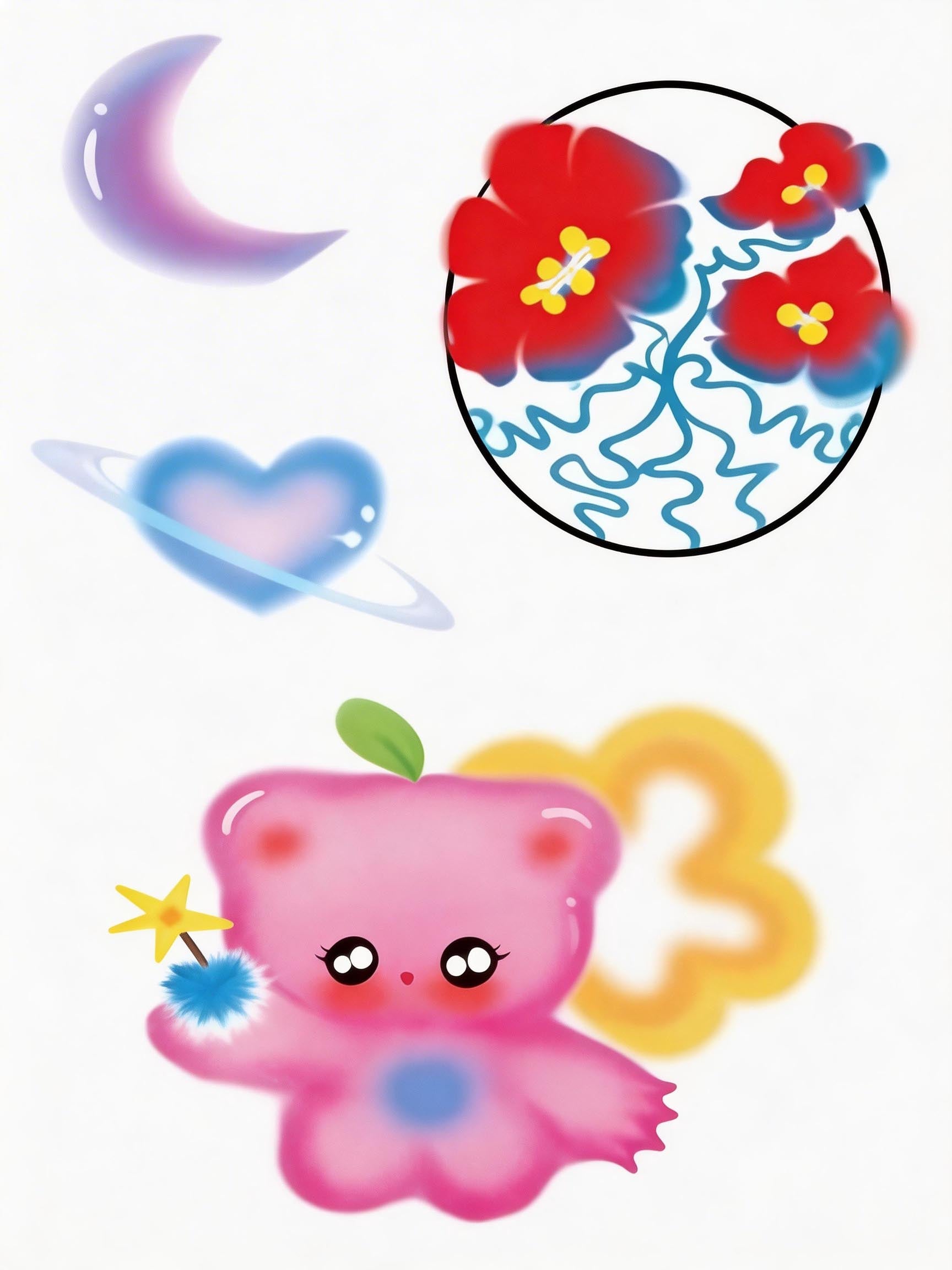 Pastel Y2K tattoo sheet with glowing heart planet, purple moon, pink magic bear, and floral aura artwork for Y2K temporary tattoos