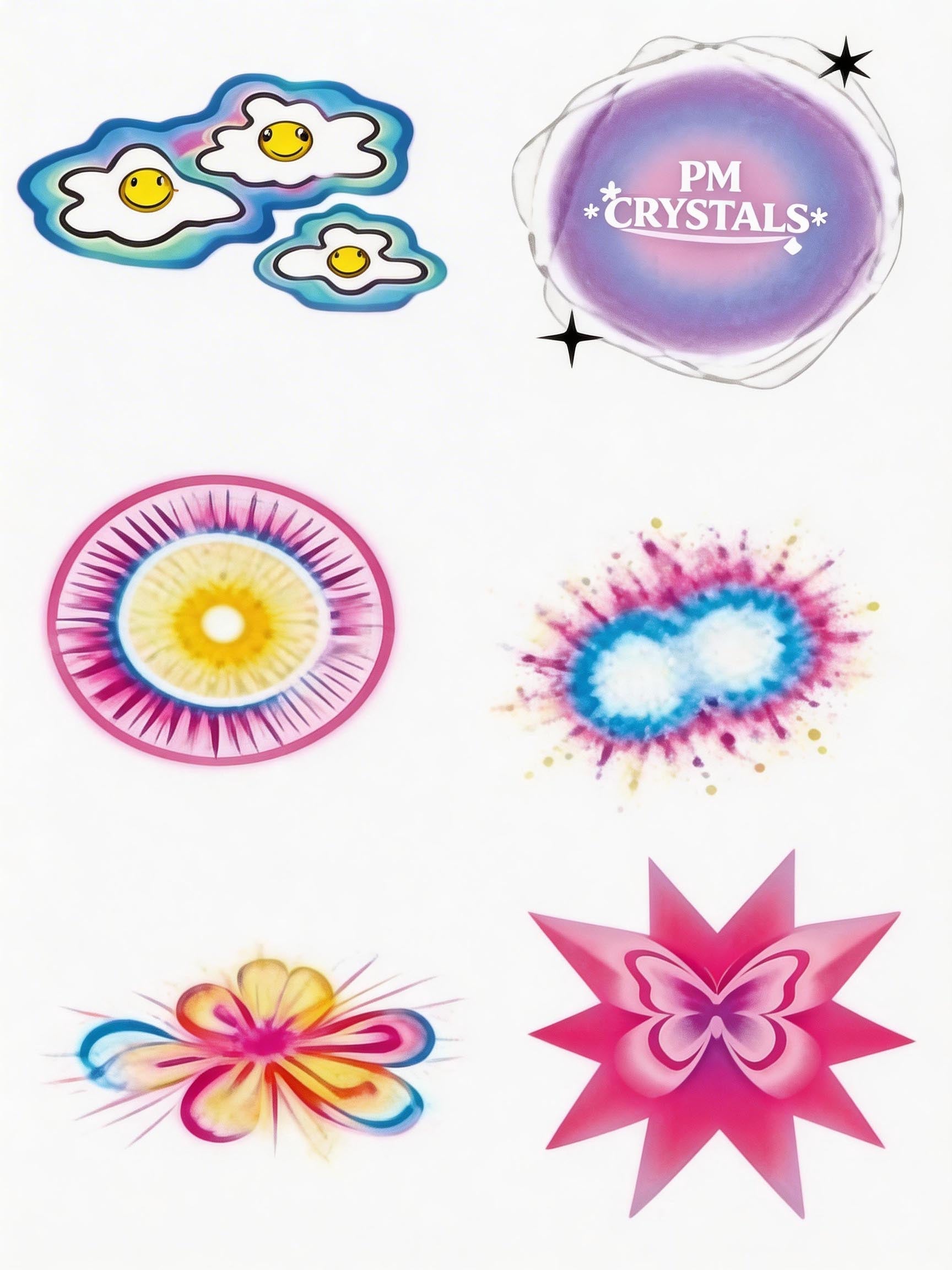 Pastel Y2K temporary tattoo sheet with smiley clouds, rainbow flower, butterfly starburst, and aura crystal designs for Y2K temporary tattoos