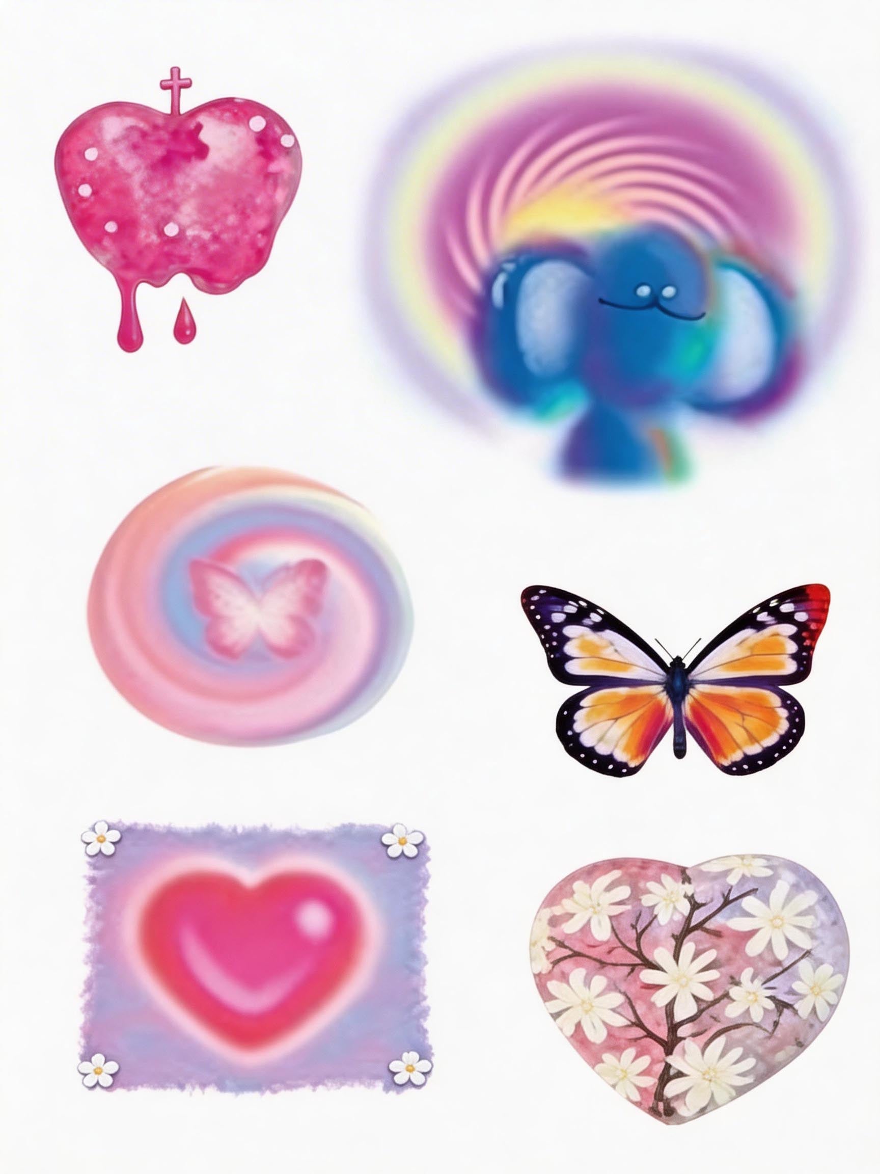 Pastel Y2K tattoo sheet with rainbow elephant, butterfly, airbrush heart, flower heart, and dreamy swirl designs for Y2K temporary tattoos