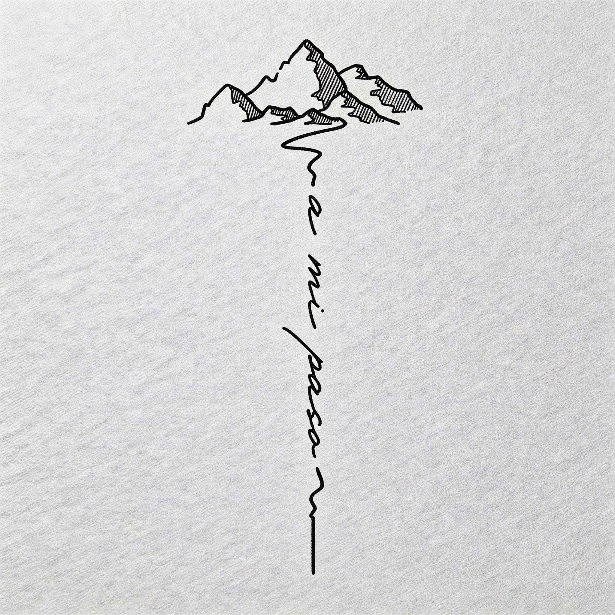 Mountain path temporary tattoo with Spanish wording and minimalist landscape lines
