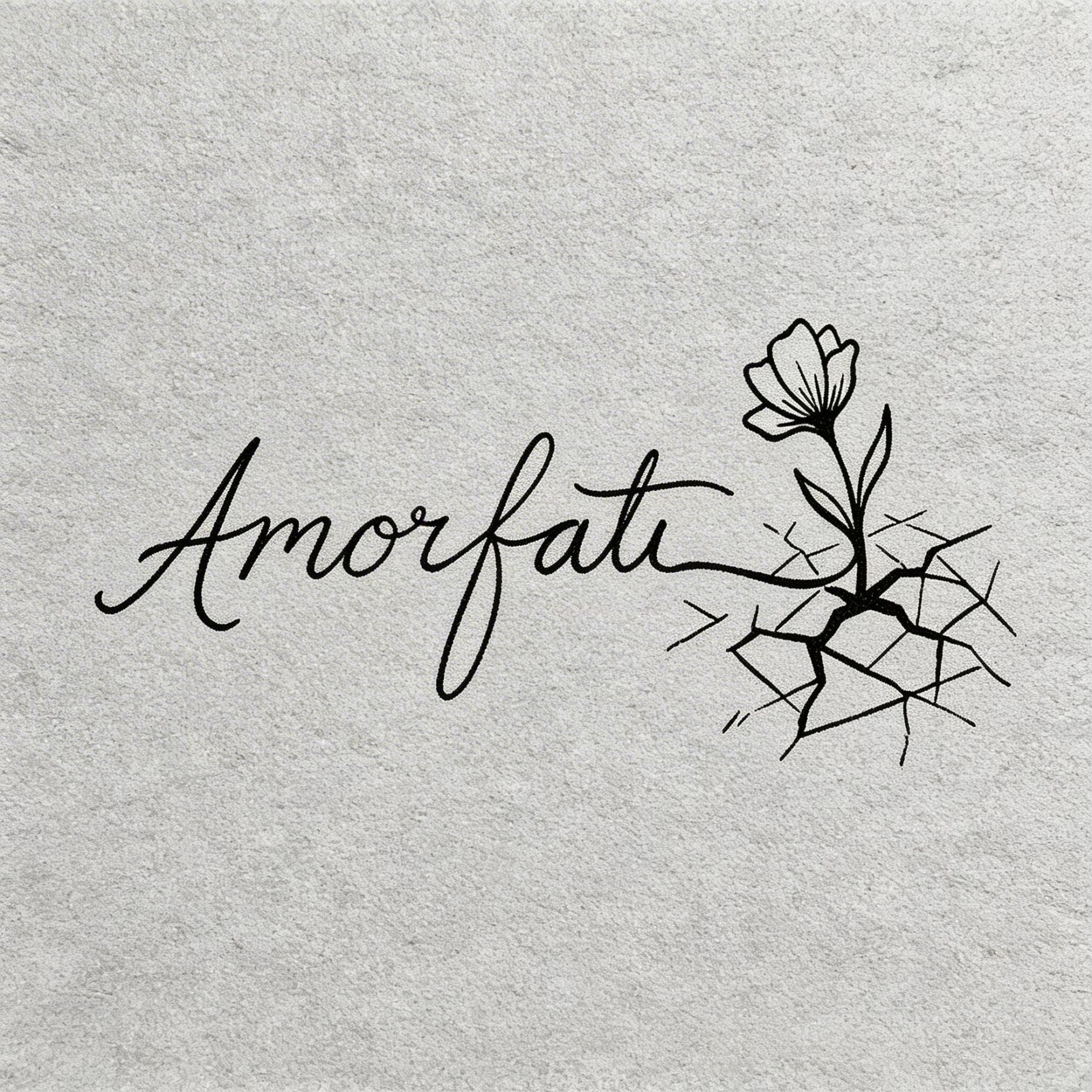 Amor Fati herbal semi-permanent temporary tattoo with flower growing through cracked ground and minimalist script design
