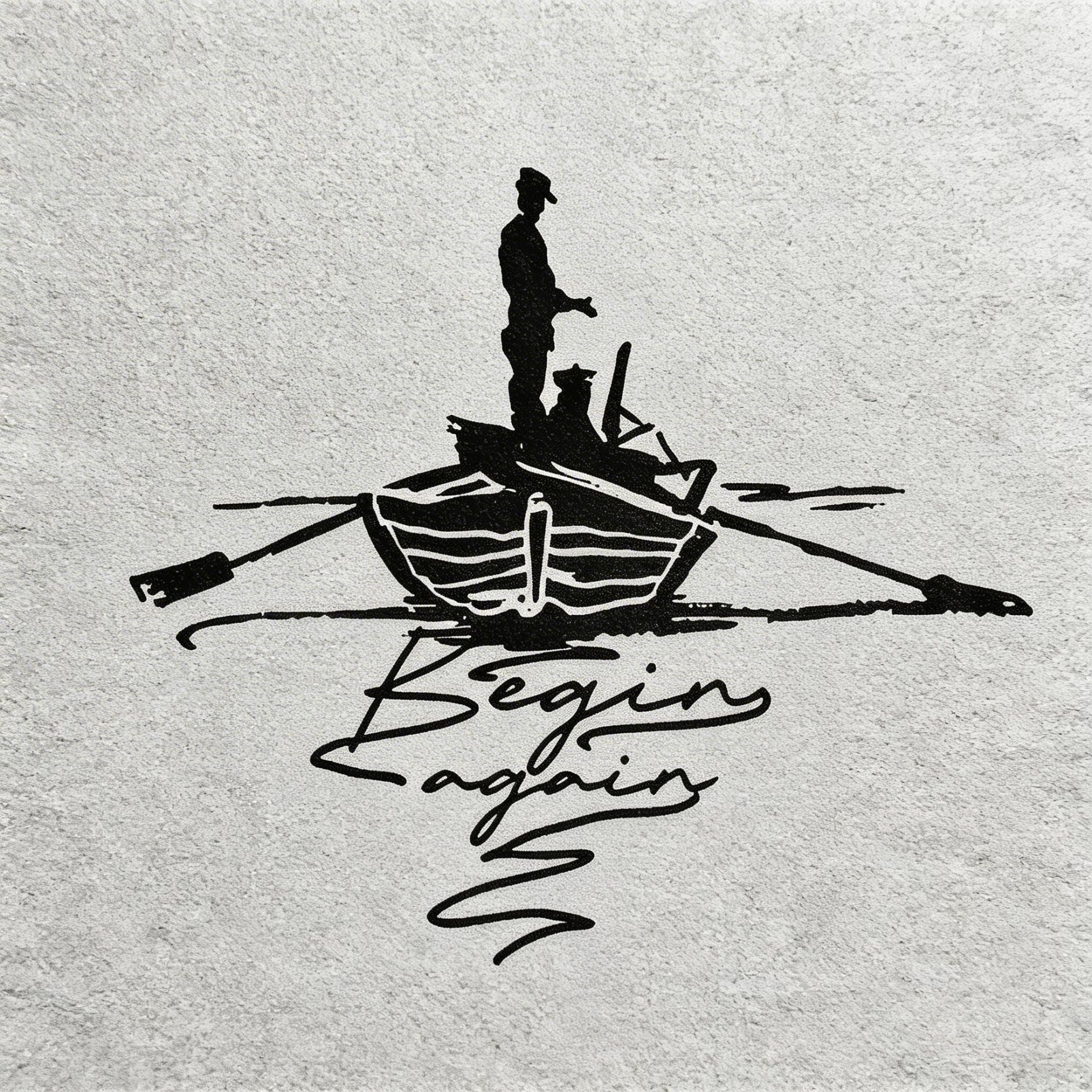 Begin again boat herbal semi-permanent temporary tattoo with lone figure, rowboat, and script quote design