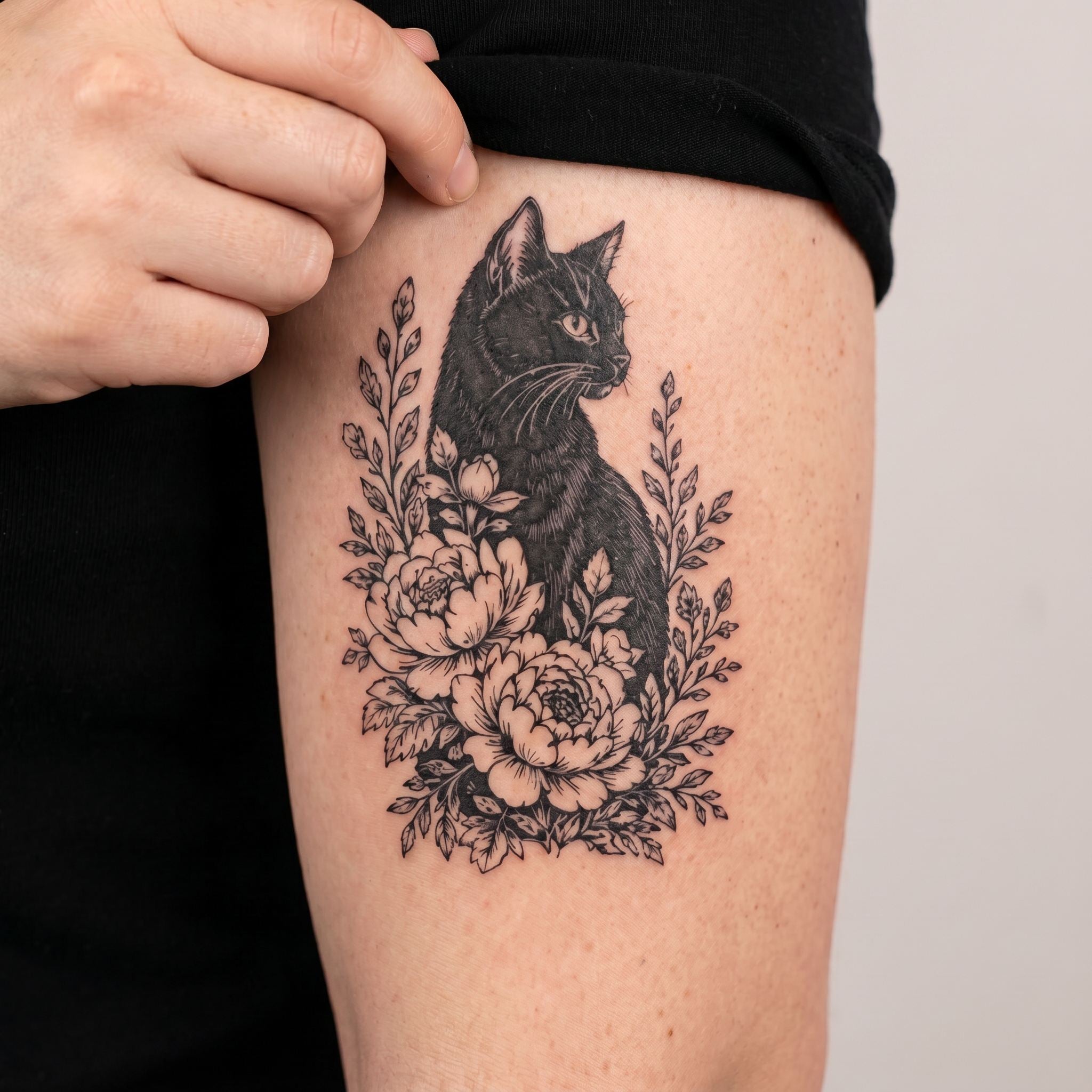 black cat floral temporary tattoo with peony flowers on arm