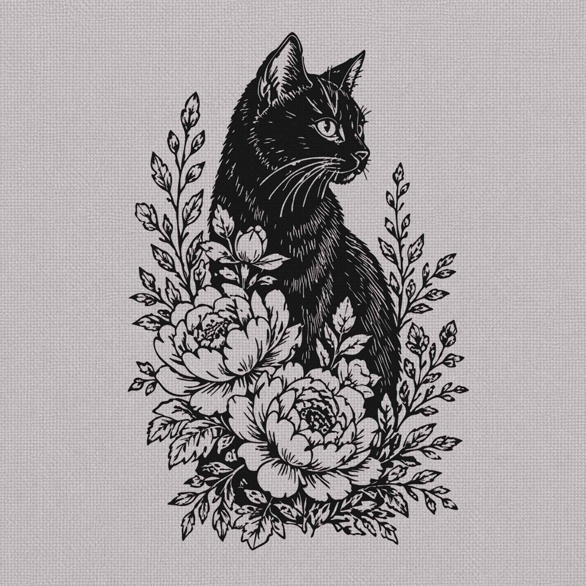 black cat peony flower semi permanent tattoo design