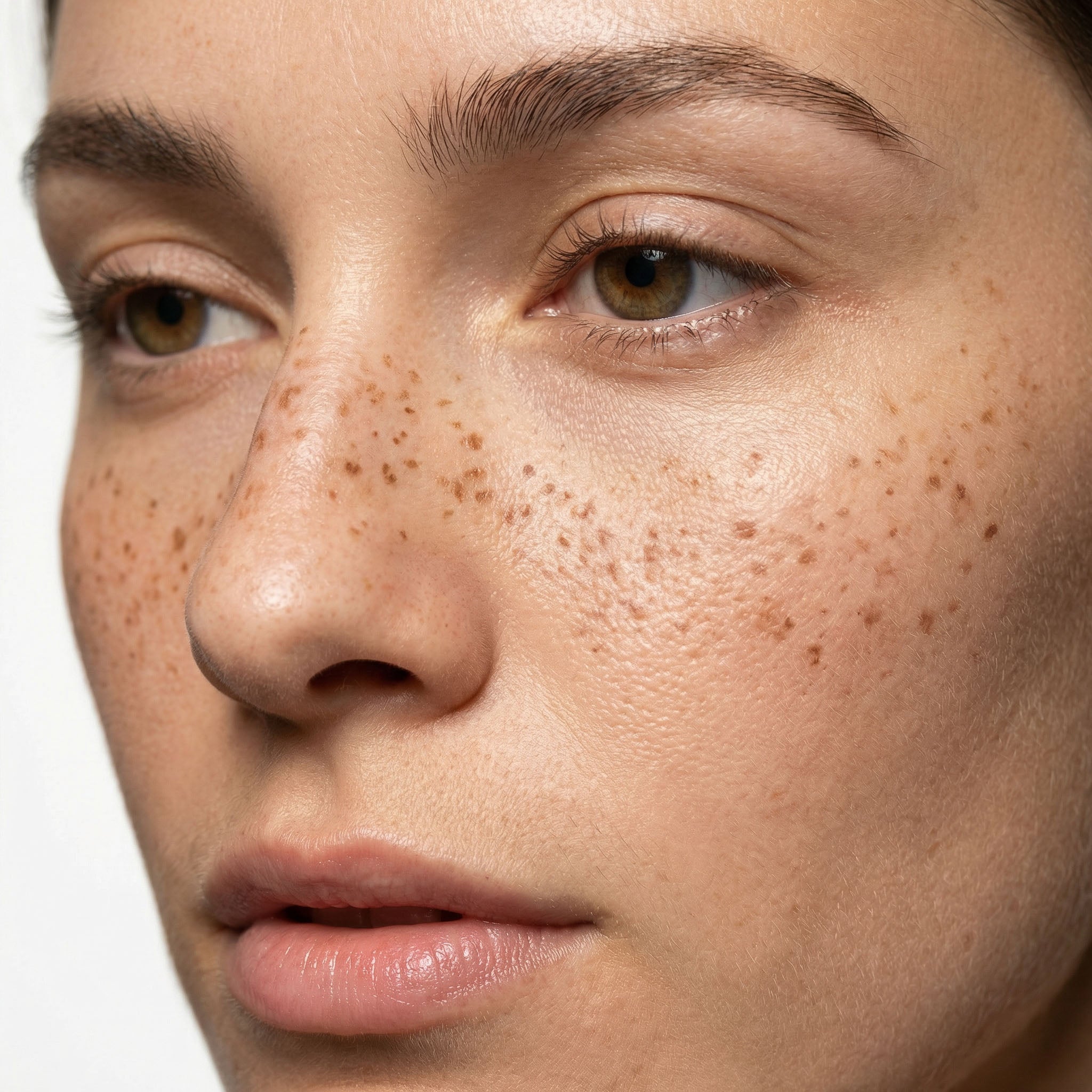 Brown freckle temp tattoo effect image featuring a young woman with soft, natural brown freckles, enhancing her facial features. The design creates a subtle, organic look, ideal for adding a natural freckle effect.