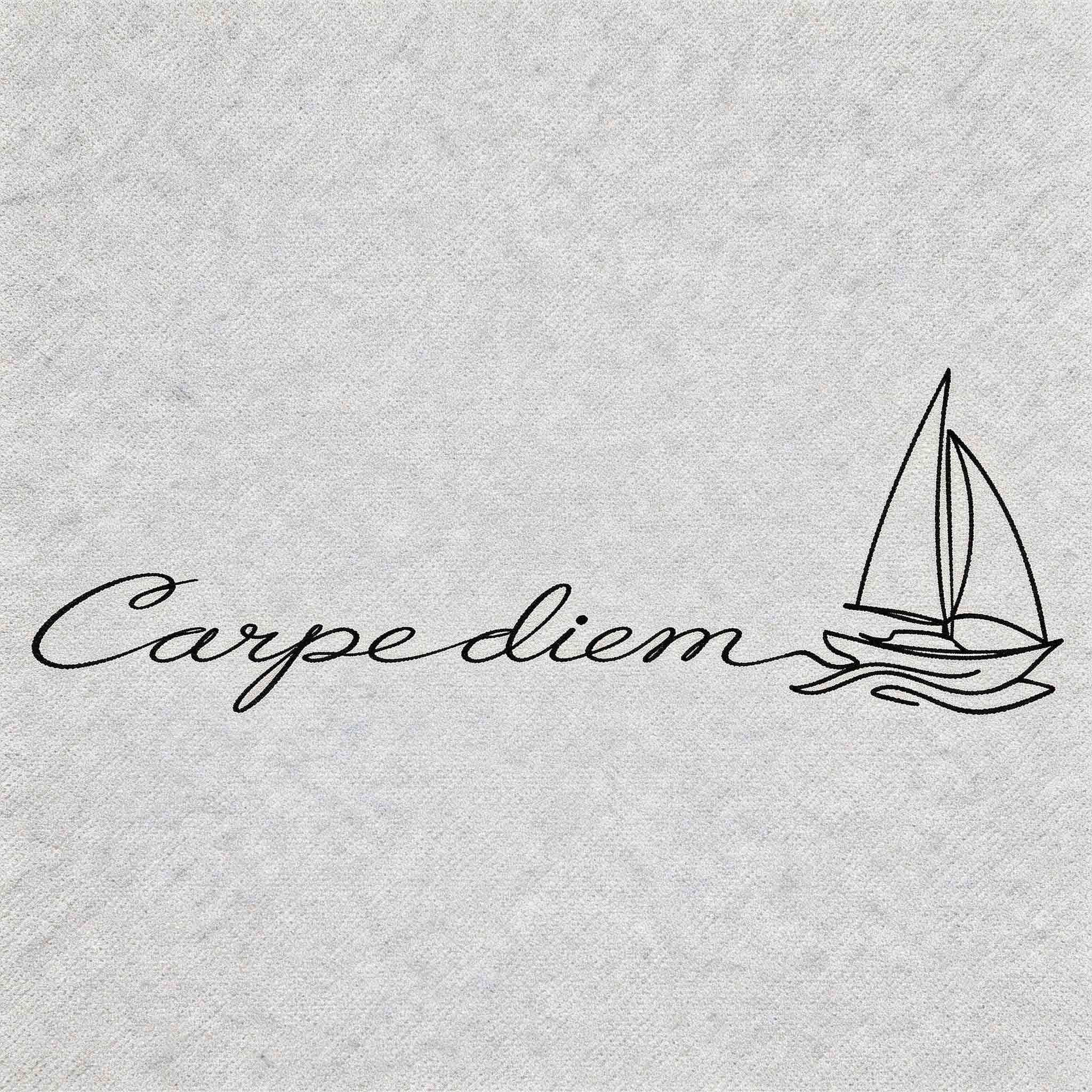 Herbal semi-permanent temporary tattoo with “Carpe Diem” script and sailboat design