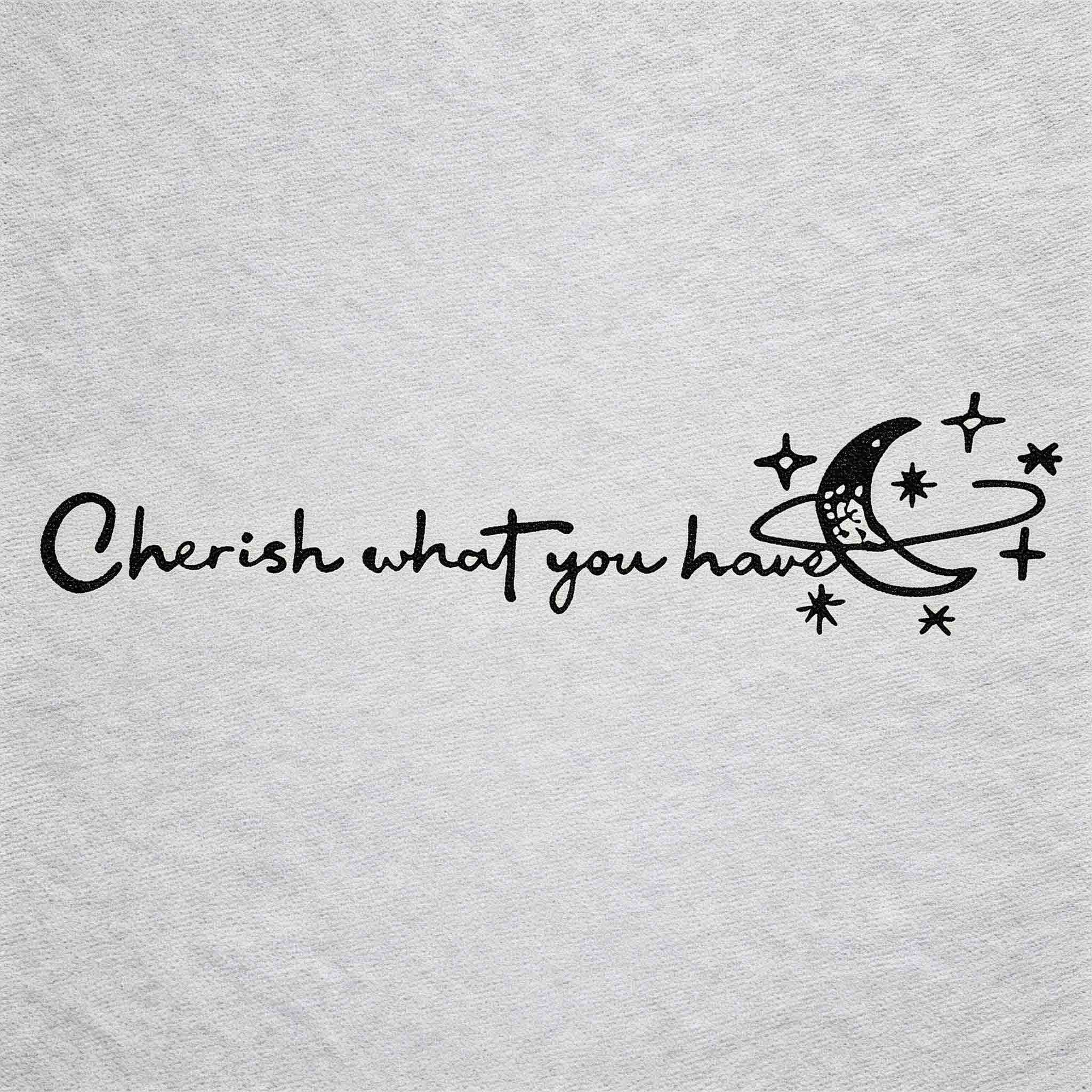 Herbal semi-permanent temporary tattoo with “Cherish what you have” quote and moon stars design