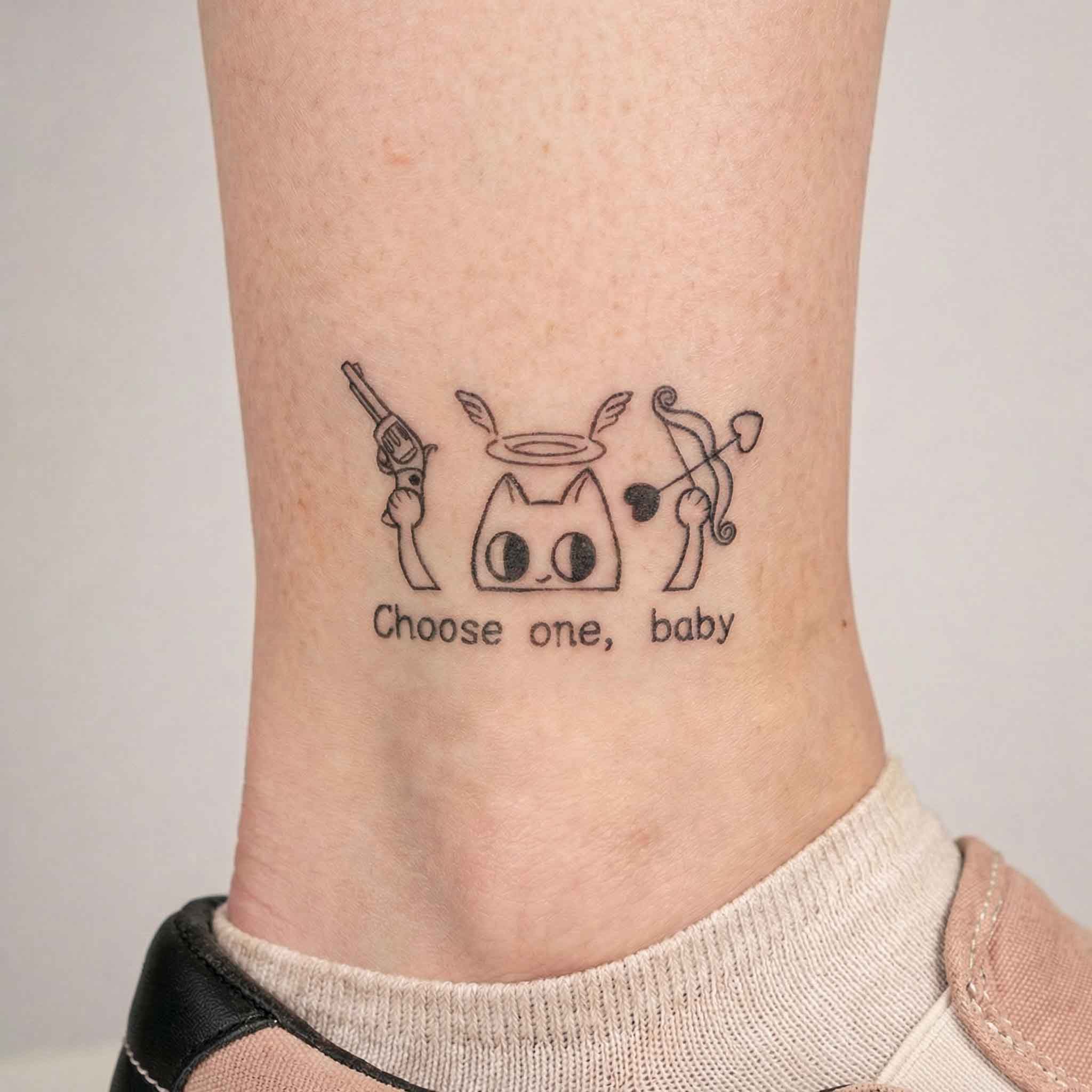 Funny cat quote fake tattoo on ankle with cute angel and devil details