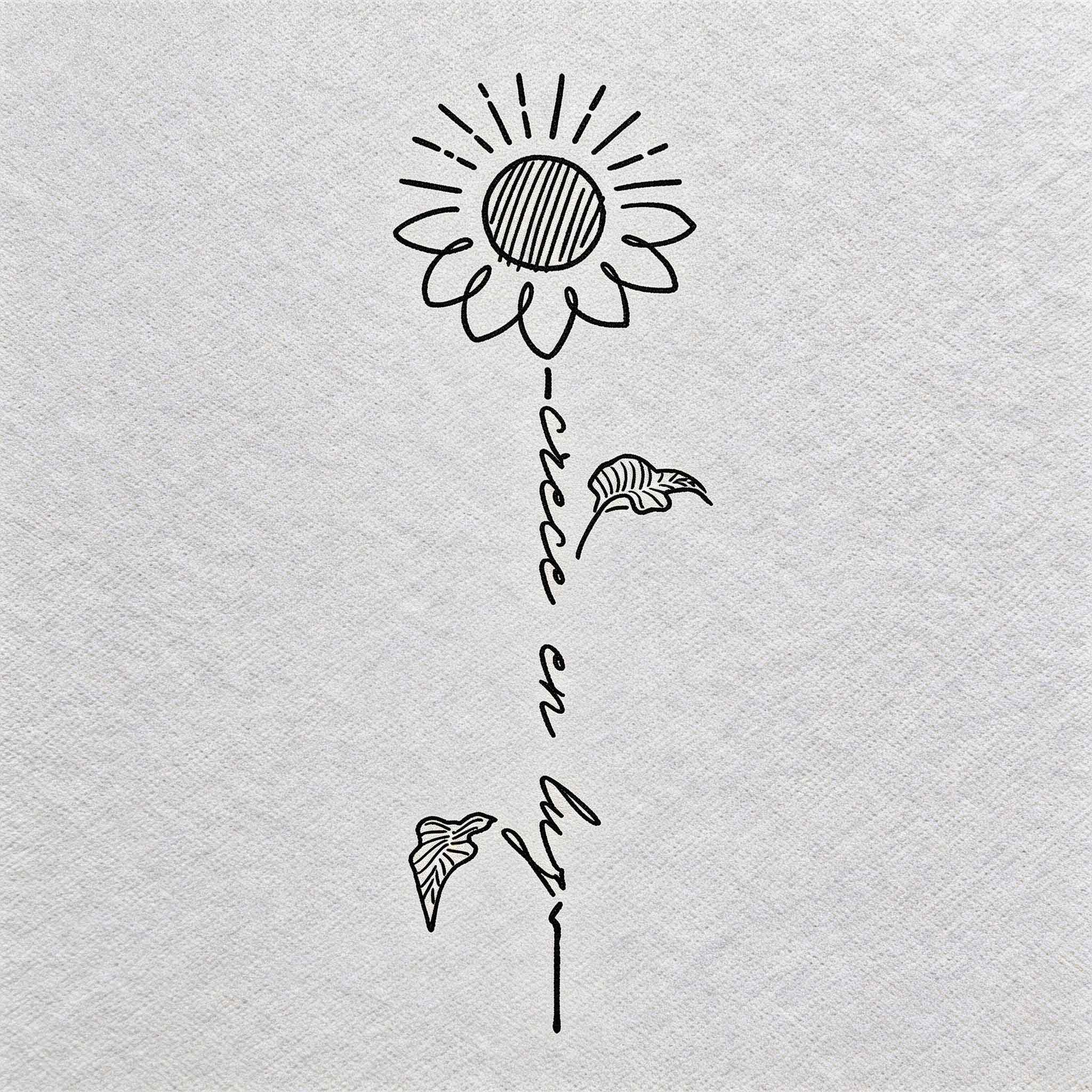 Sunflower word temporary tattoo with clean floral line art details