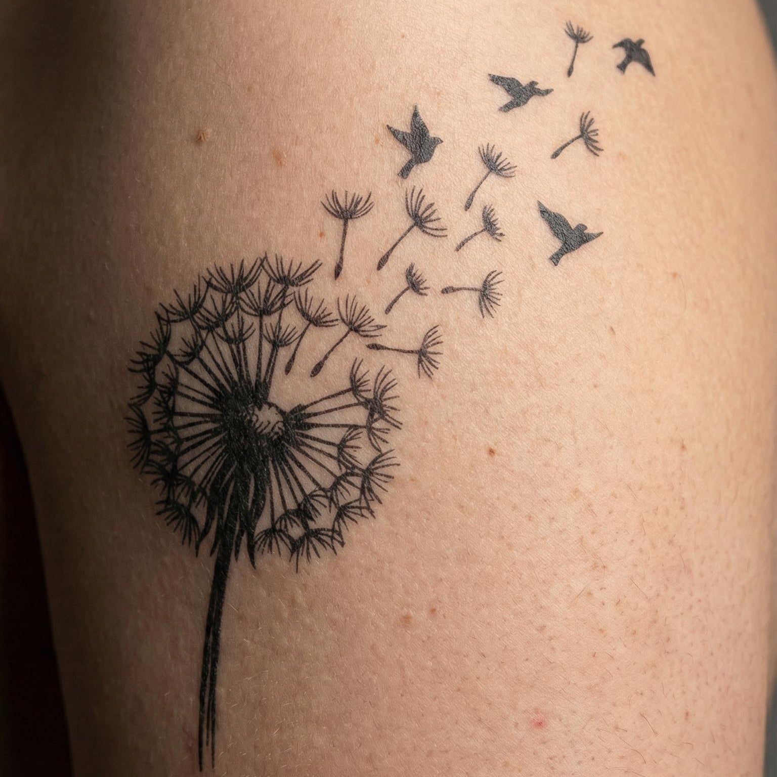 dandelion birds flying temporary tattoo minimalist nature tattoo design on shoulder