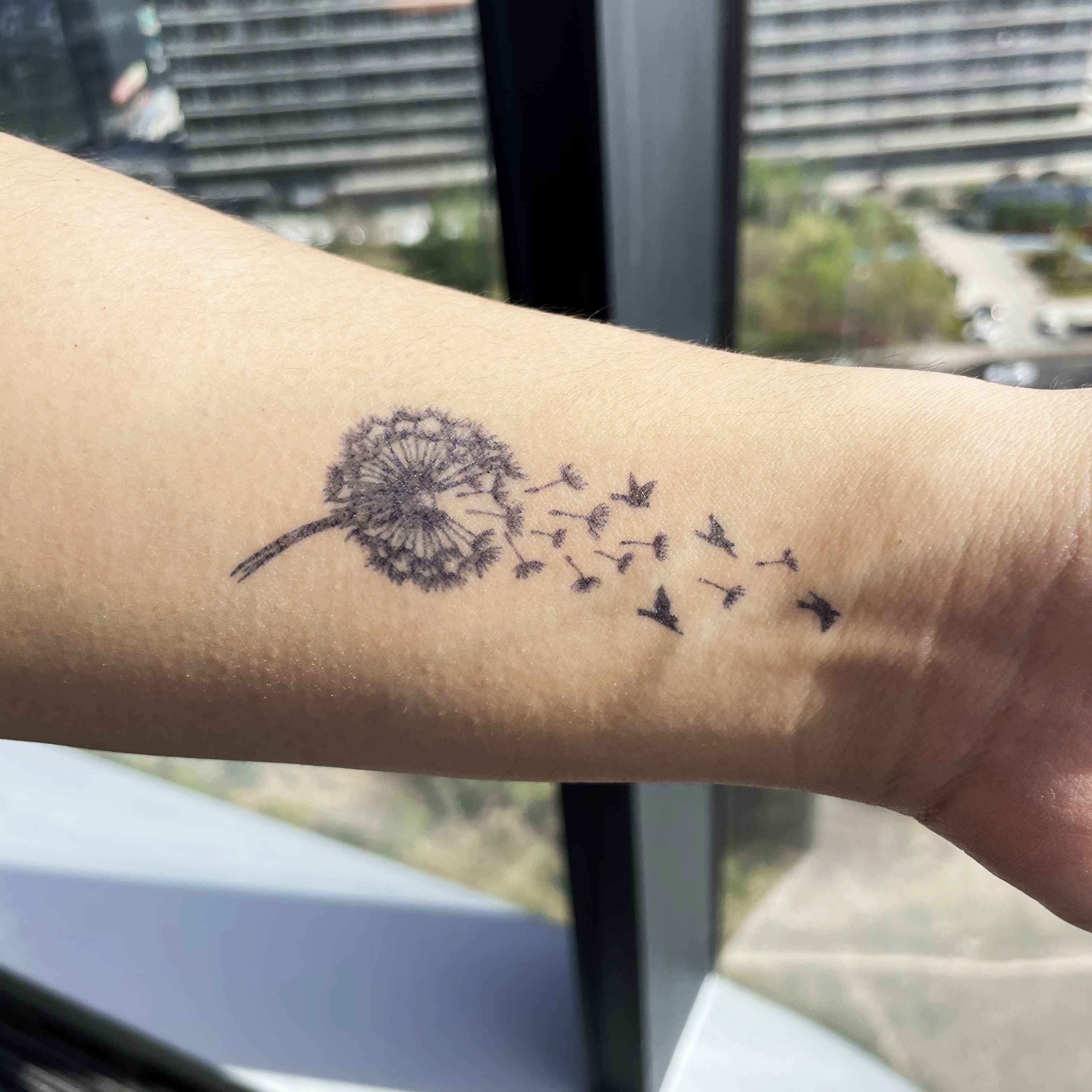 dandelion birds tattoo herbal semi permanent minimalist line art freedom symbol 2 week temporary tattoo plant based design
