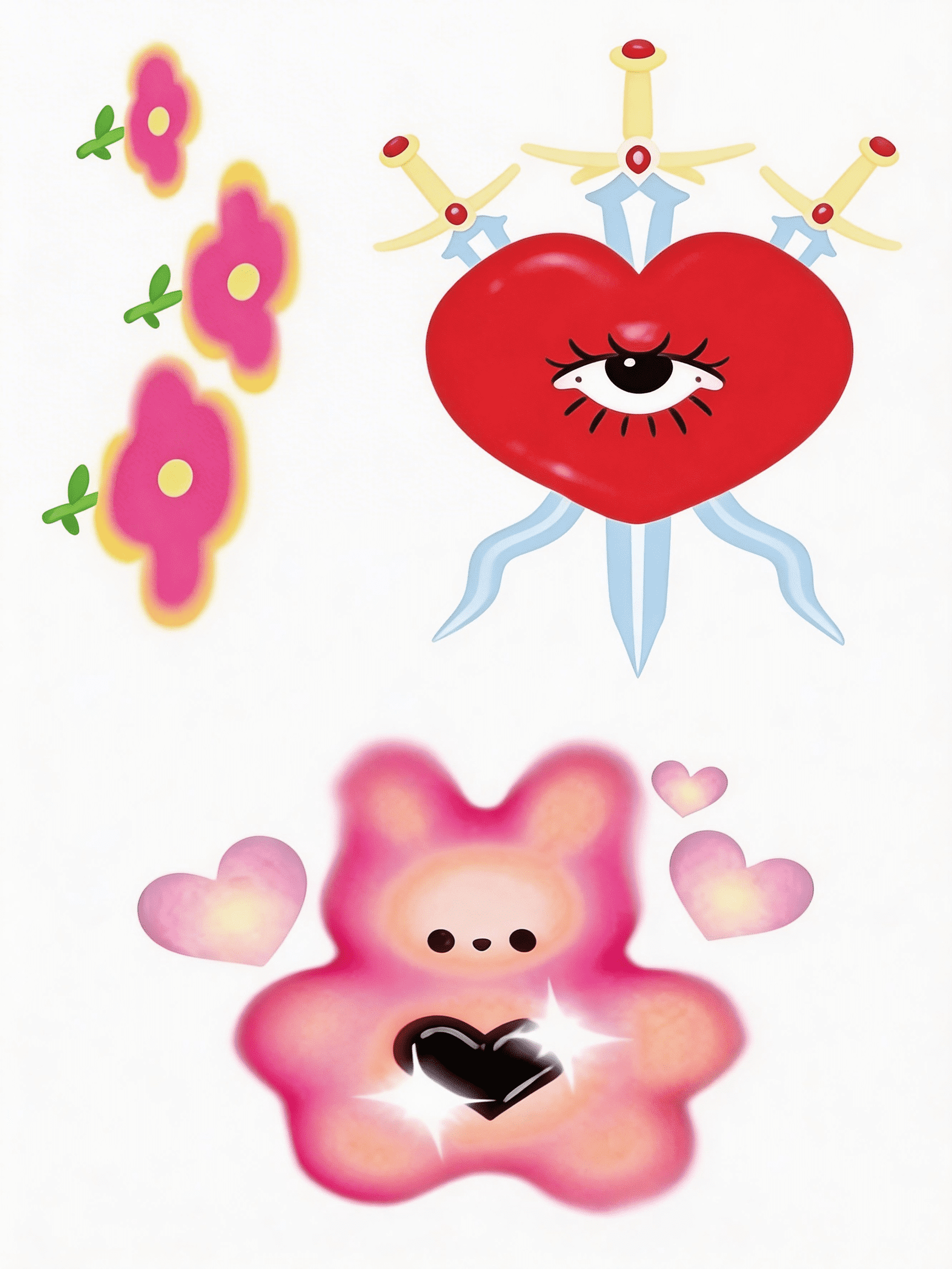 cute aesthetic temporary tattoo pink flower heart illustration kawaii style colorful sticker tattoo playful body art design