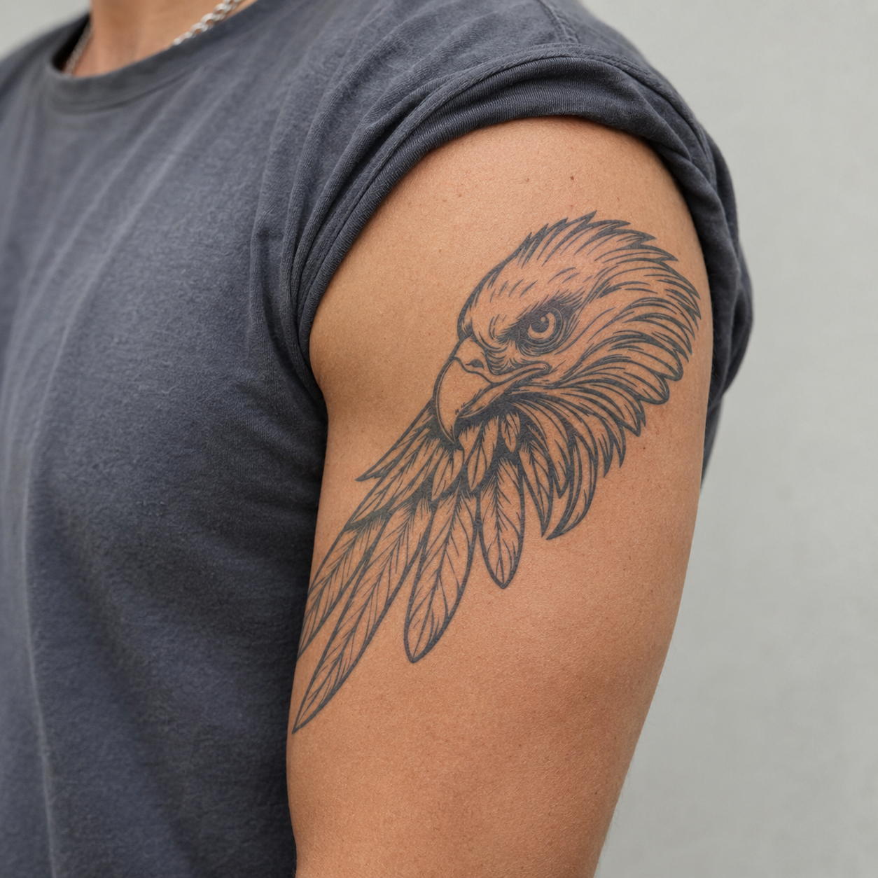 eagle feather temporary tattoo on upper arm 