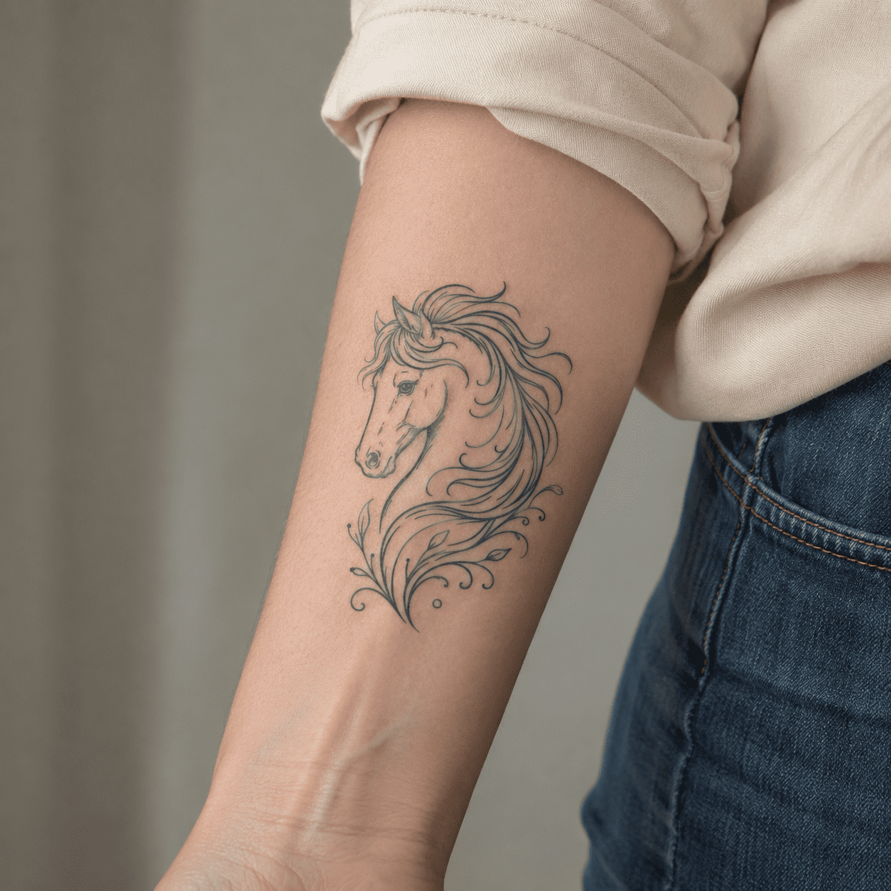 elegant flowing line art horse temporary tattoo on forearm 
