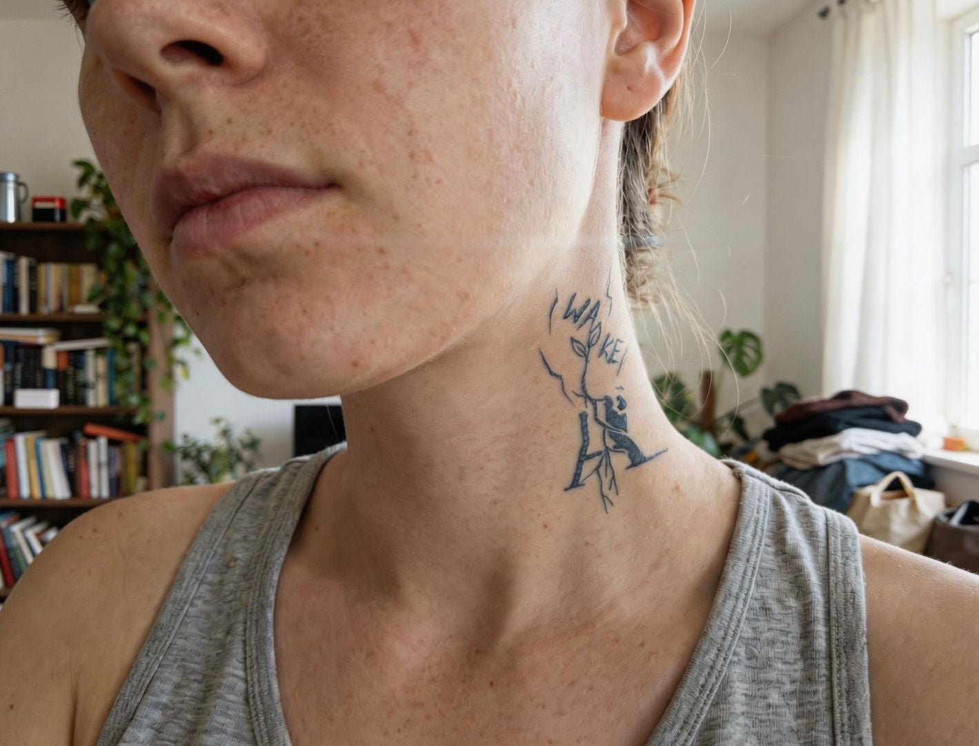 Realistic temporary tattoo on shoulder in casual setting