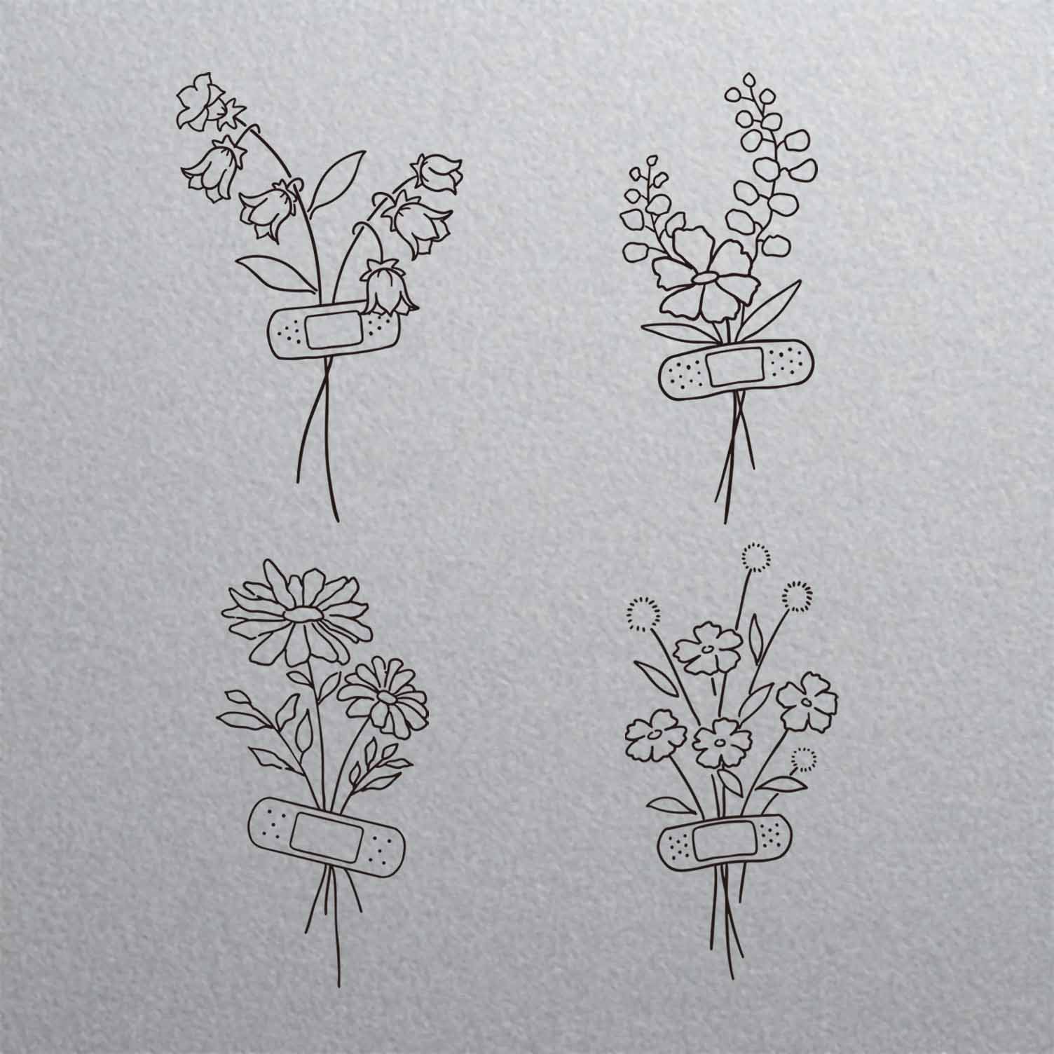 Floral bouquet 4-piece minimalist temporary tattoo set with fine line flower designs