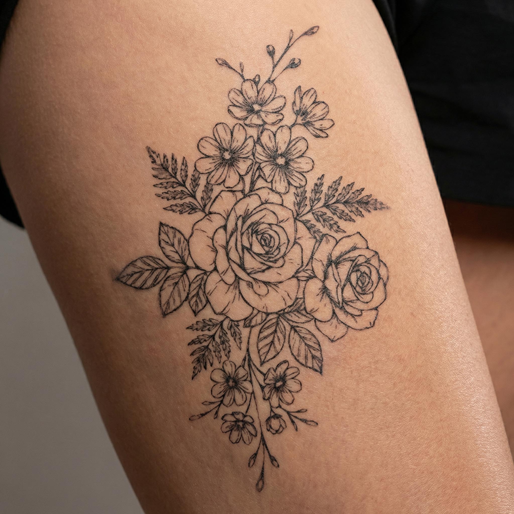 Elegant rose bouquet tattoo worn on upper arm with fine floral details