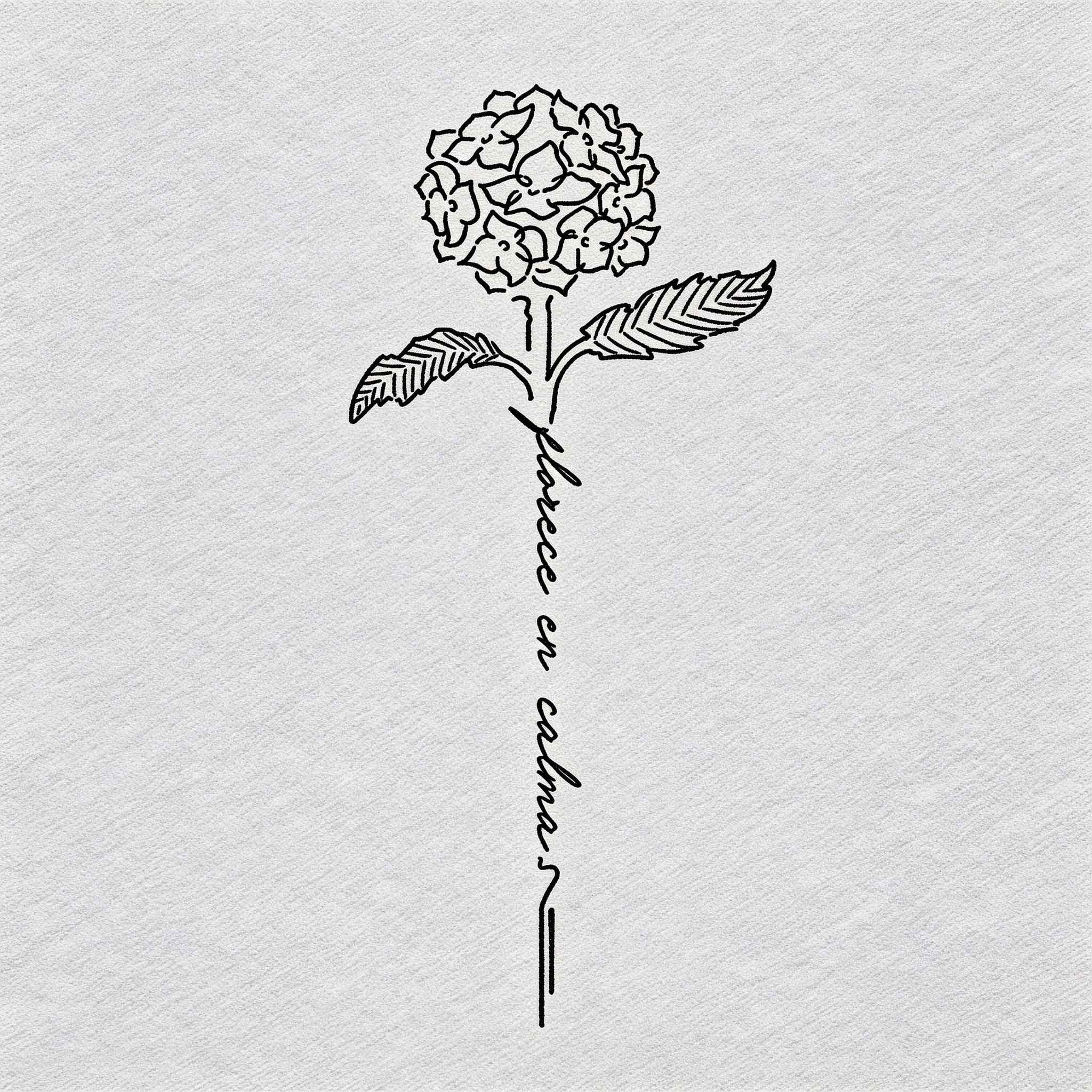 Minimal hydrangea temporary tattoo with florece en calma script design
