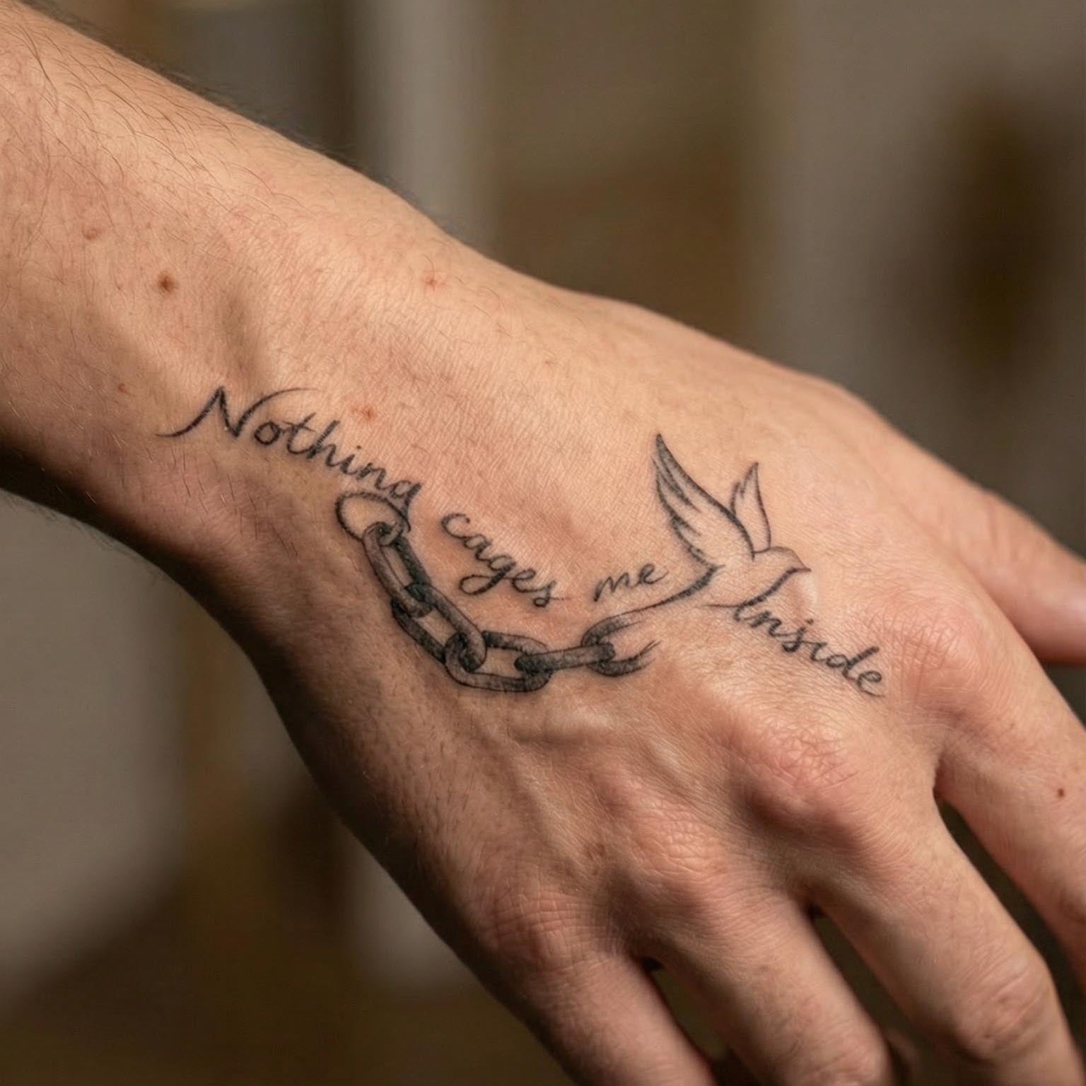 Flying bird quote temp tattoo on hand with broken chain detail