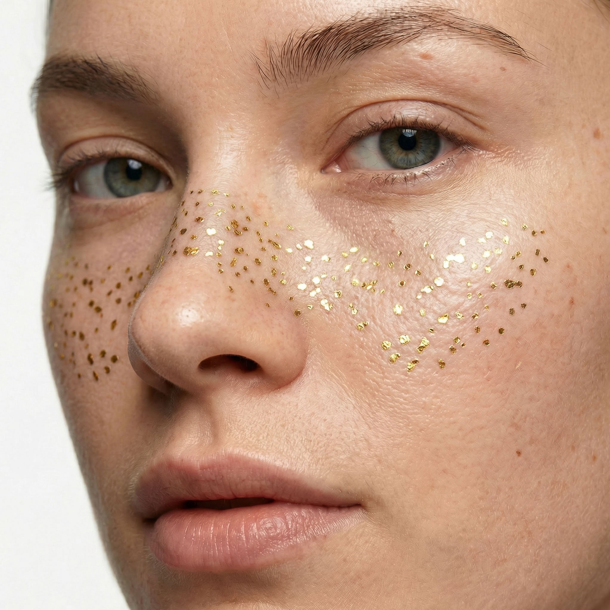 Golden freckle tattoo effect image, featuring a woman with light skin and shimmering golden freckles across her cheeks and nose. The design creates a natural, beautiful look, suitable for all skin tones, effortlessly enhancing the appearance of freckles.