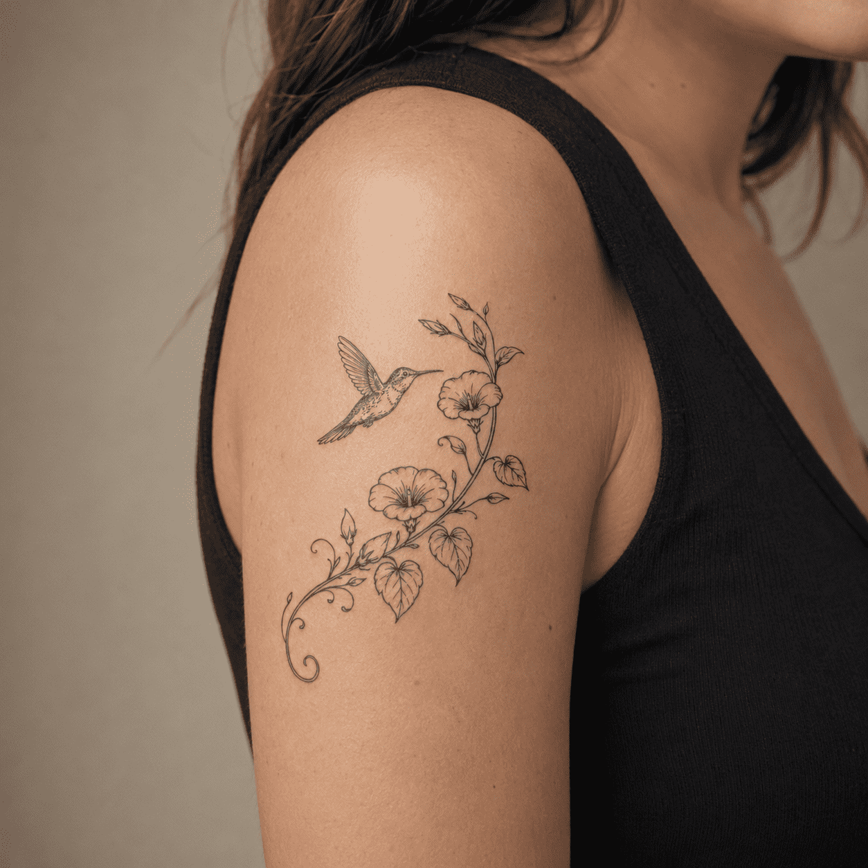hummingbird and morning glory temporary tattoo on upper arm 