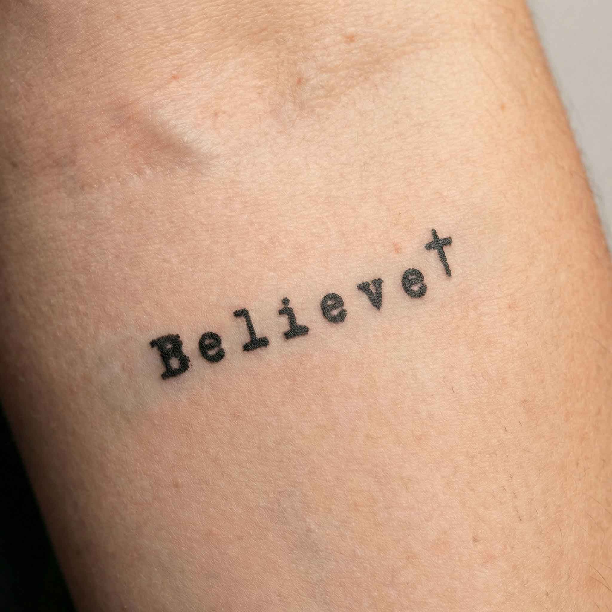 i believe typography cross herbal semi permanent tattoo minimalist faith 2 week temporary tattoo plant based design