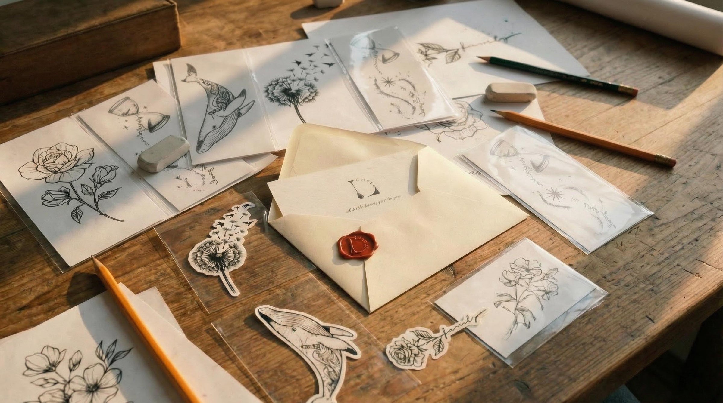 Minimalist tattoo design sketches on a wooden desk featuring whale, dandelion, rose and script tattoo drawings.