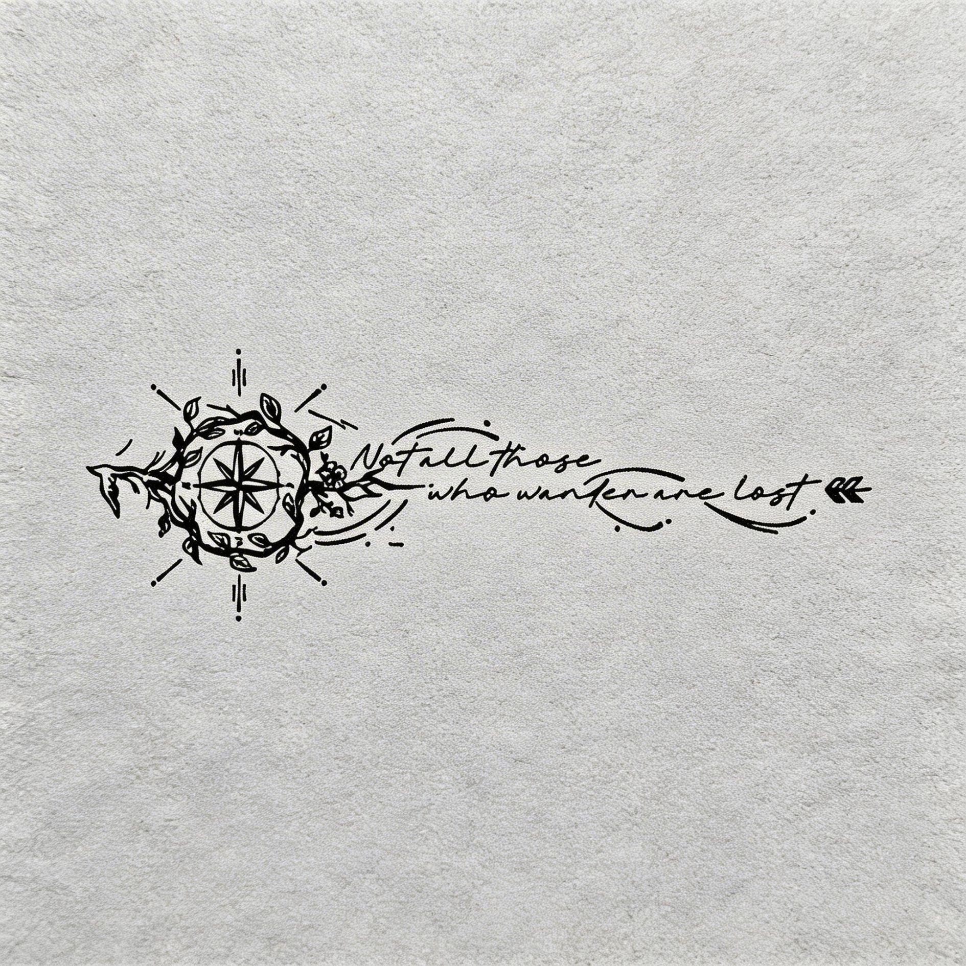 Not All Those Who Wander Are Lost compass herbal semi-permanent temporary tattoo with fine line quote and botanical details