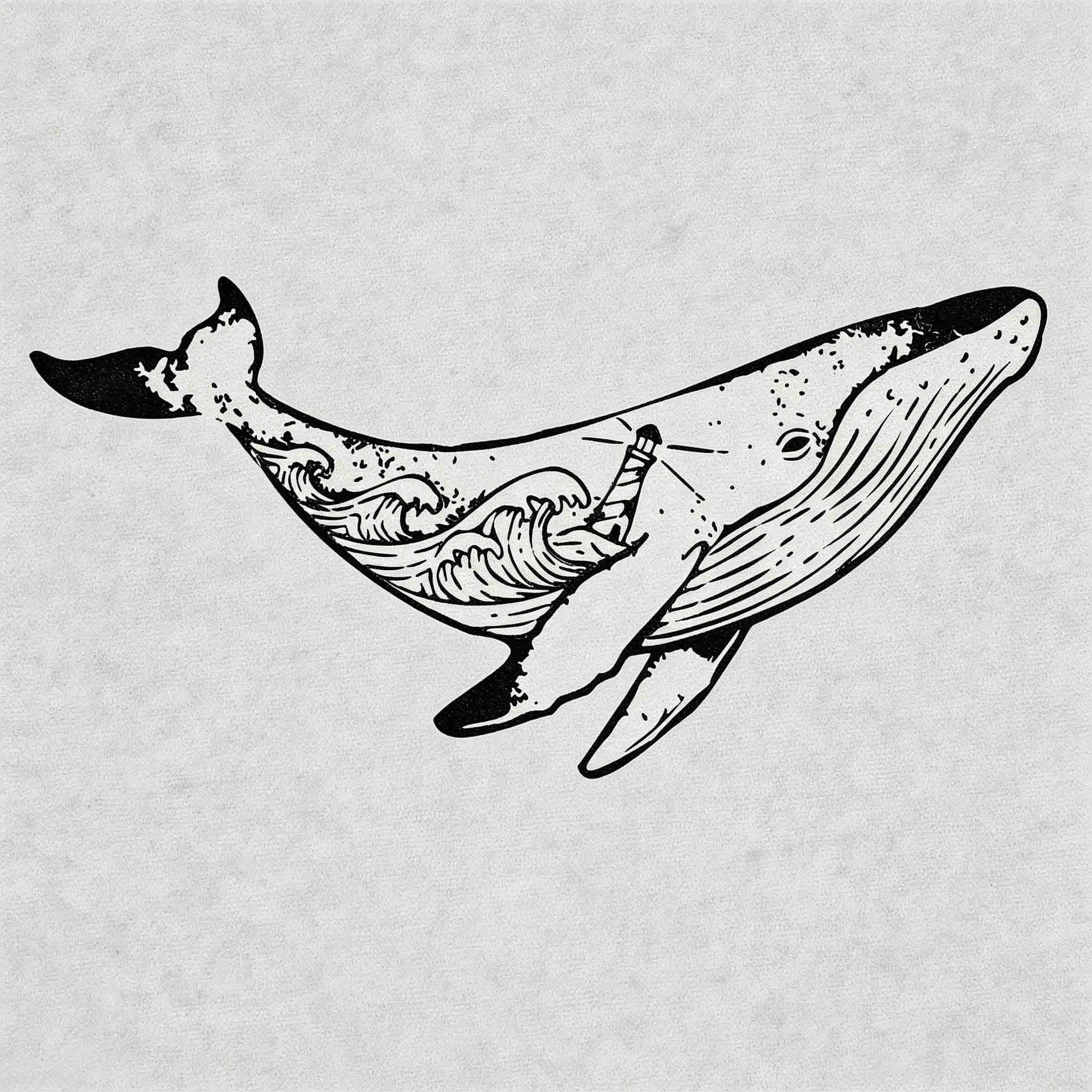 Ocean whale temporary tattoo with waves and lighthouse illustration
