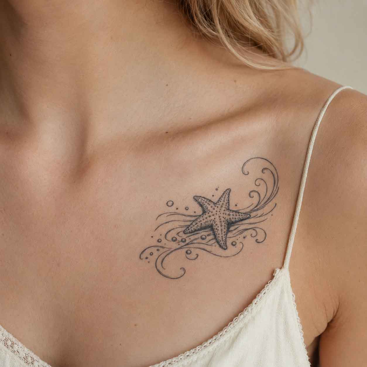 ocean inspired semi permanent tattoo featuring starfish and wave design on clavicle.