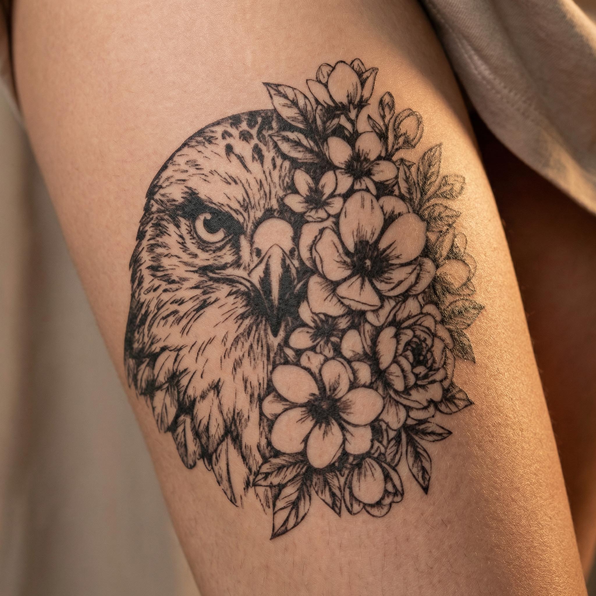 Eagle and floral arm tattoo temporary shown on skin.