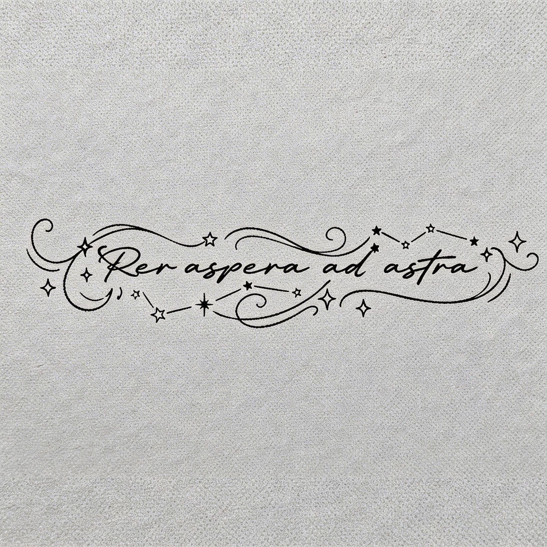 Per Aspera Ad Astra herbal semi-permanent temporary tattoo with celestial stars, moon details, and ornamental script design