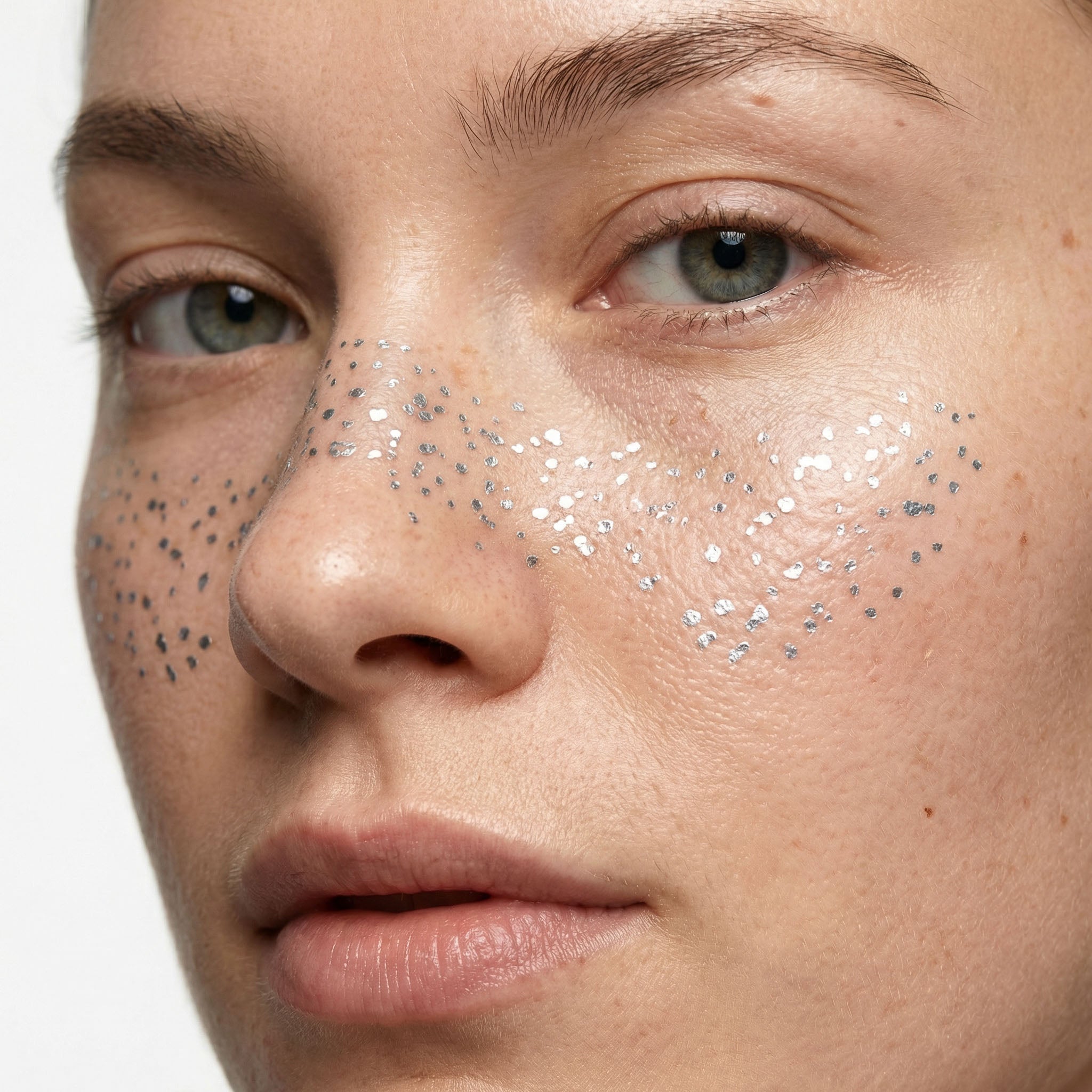 Silver freckle tattoo effect image of a young woman with metallic silver freckles across her cheeks and nose. The shimmering design adds a unique, sparkling freckle effect, perfect for a stylish and fresh look.