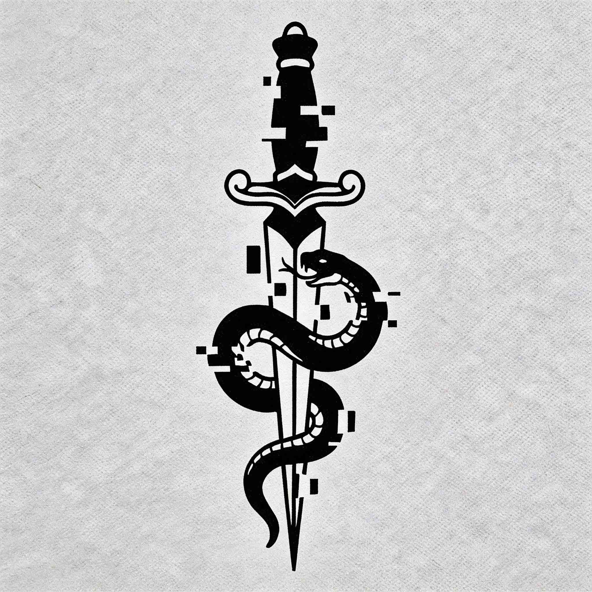 Snake and dagger temporary tattoo with bold black symbolic artwork