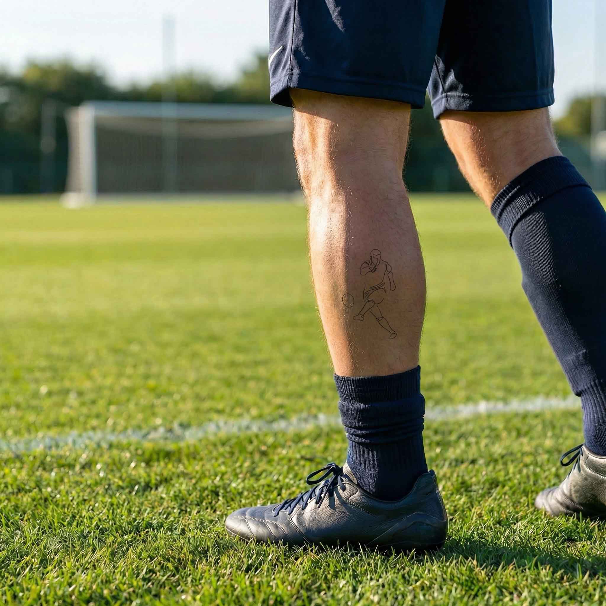 Fine line soccer player tattoo worn on ankle with dynamic kicking motion
